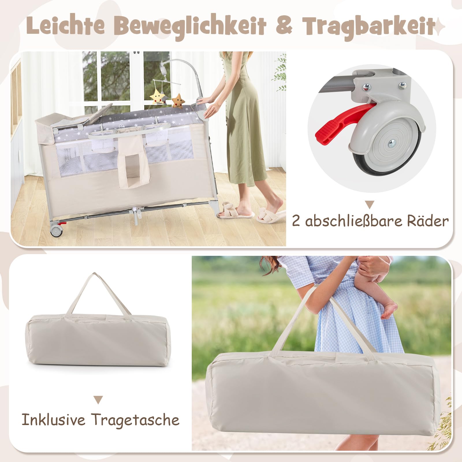 COSTWAY 5 in 1 Beistellbett klappbar, Reisebett mit Matratze, 2 Ebene Babybett mit Rollen, Spielbogen & Wickelauflage, Stubenwagen mit Tragetasche für Baby bis 3 Jahren (Beige)