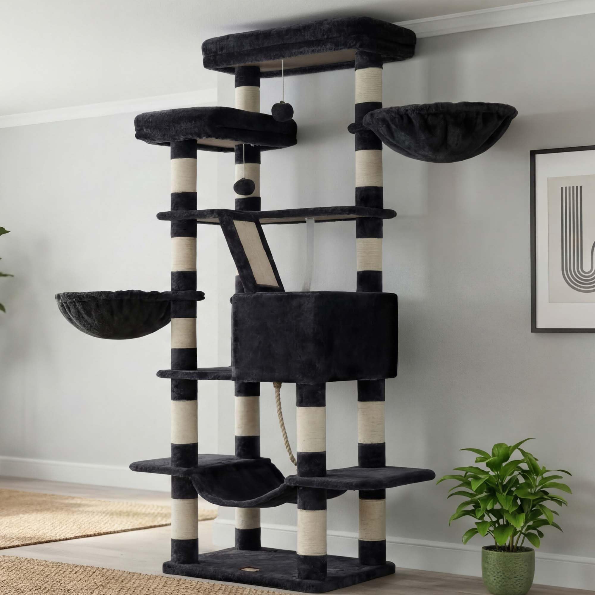 Heybly Cat Tree, 68 inch Multi-Level Cat Tower for Indoor Cats, 2 Widened Plush Perches Cat Condo with Scratching Board and Big Caves, Smoky Gray HCT025G