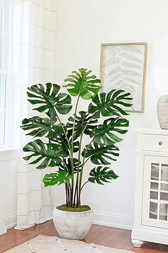 Miniatura 5 de Hollyone Planta artificial Monstera Deliciosa de 4.5 pies de alto, palmeras tropicales falsas, plantas de queso suizo para interiores y exteriores,