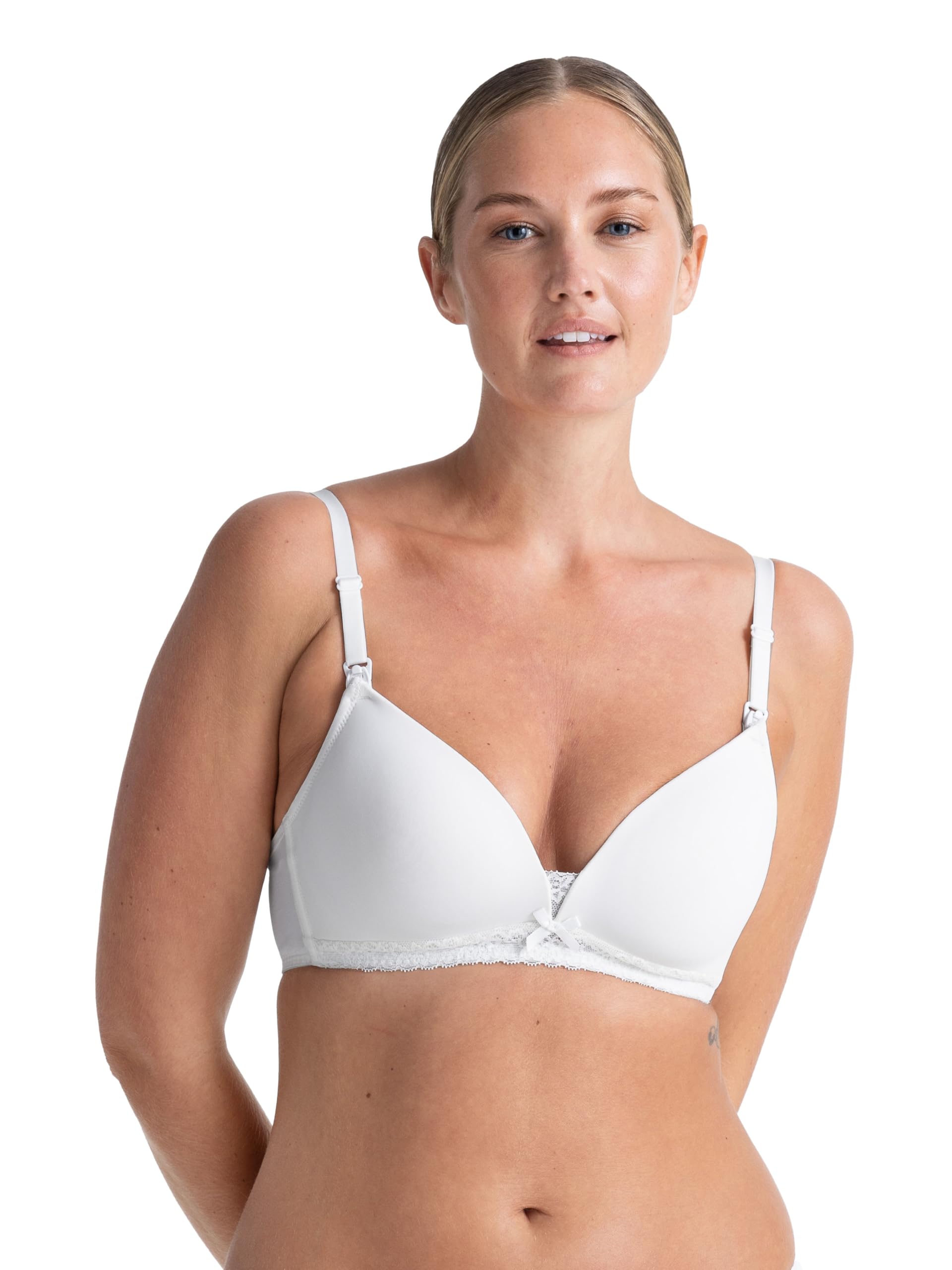 DORINA May Wireless Nursing Bra – Moulded Cups with Cotton Sling, Adjustable Straps, Delicate Band Lace Trimming, Easy Clips for Seamless Skin-On-Skin Contact, White