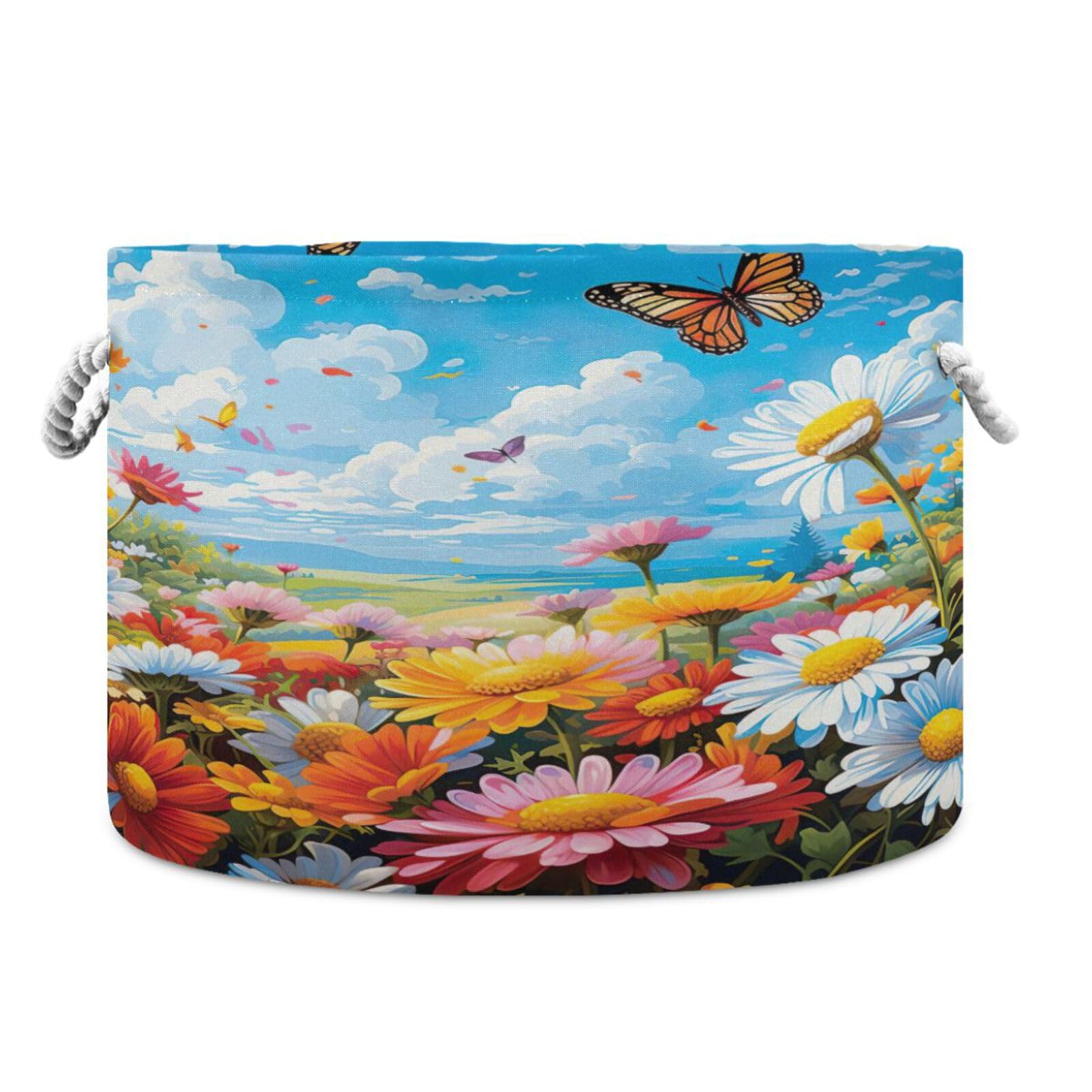 Round Colorful Flowers Daisy Storage Basket Large Organizer Bin Laundry Hamper Toy Storage Basket with Handle for Nursery Clothes Toys 202b4410