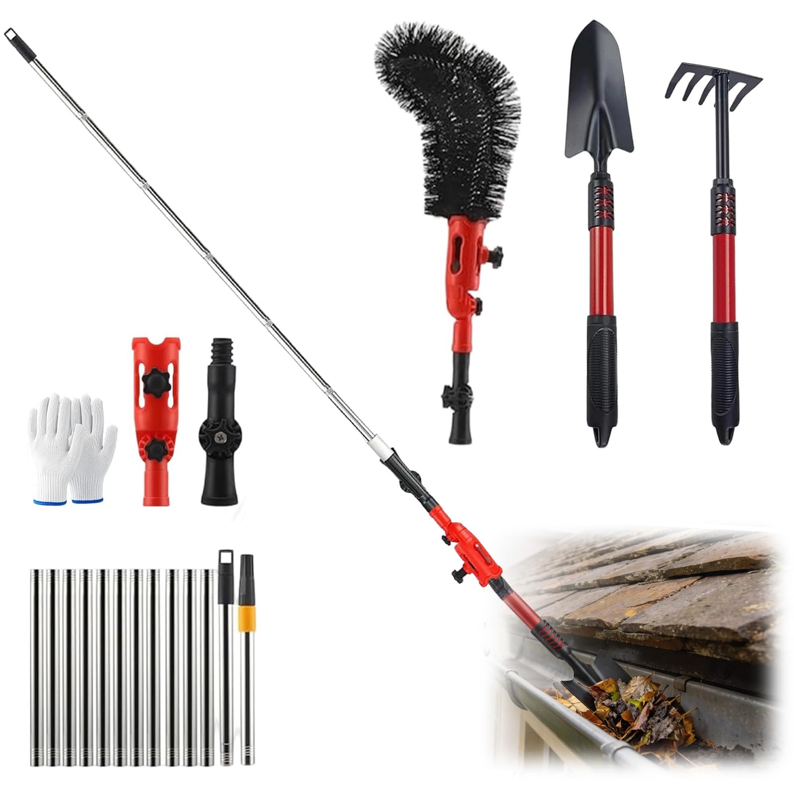 Pulitore per grondaie, manico telescopico, 4 m, testa orientabile a 180°, con accessori intercambiabili (rastrello, pala e spazzola), pulisce foglie, sporco e grondaie, non necessita di scala