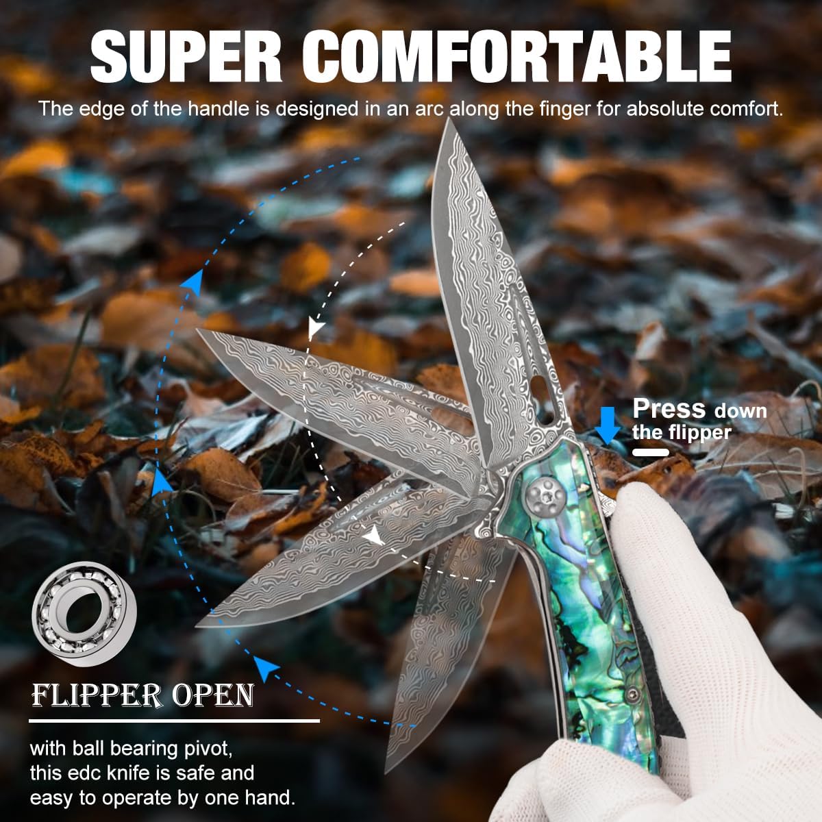 Cottonbell Damascus Pocket Knife Folding Knives for Women Men, Unique Abalone Seashells Handle with Clip EDC Knife,Survival Knife for Camping Fishing Hiking Hunting Gift