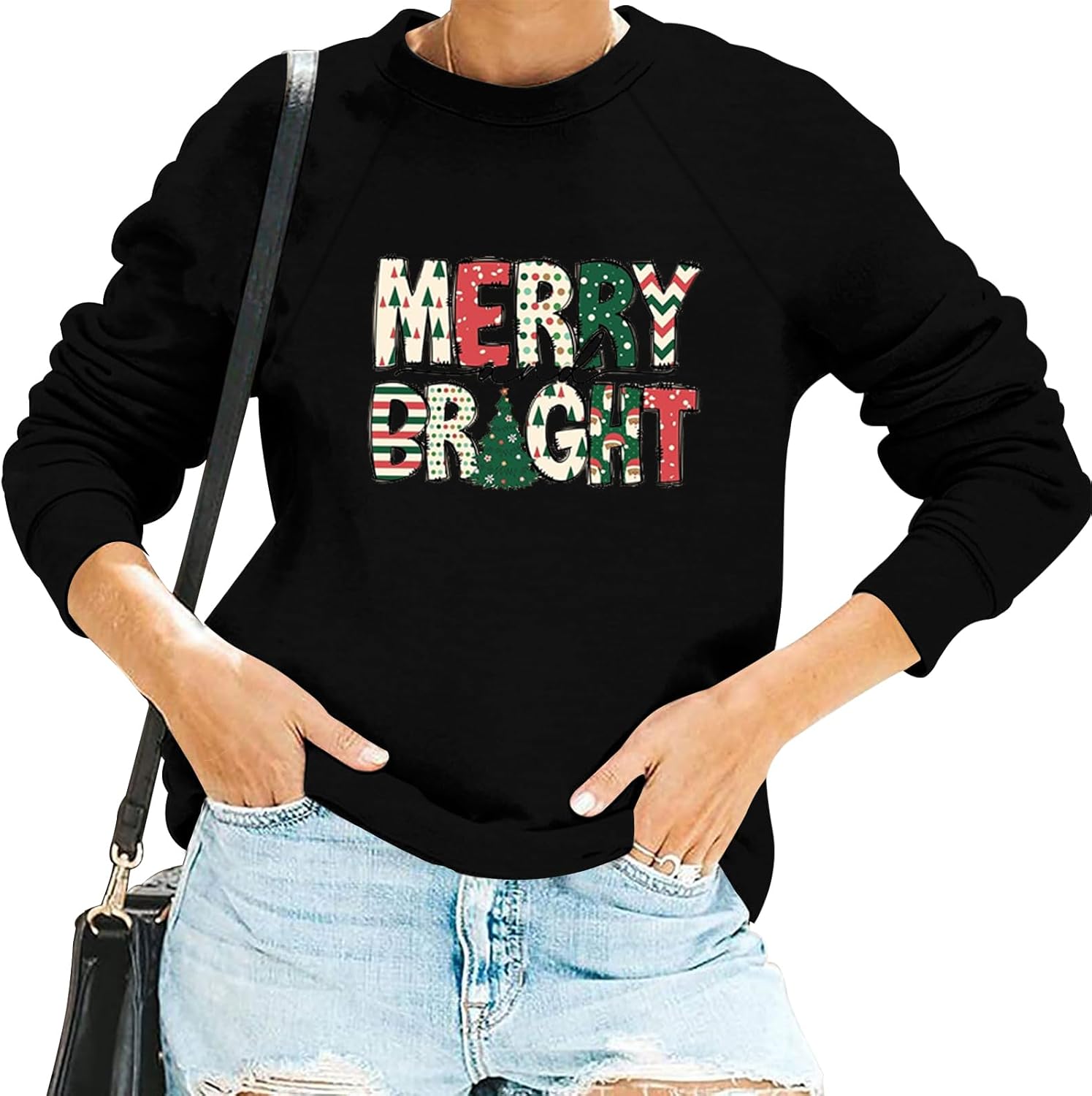 Merry Christmas Sweatshirt for Women Christmas Hats&Trees Crew Neck Long Sleeve Funny Hoodies Fall Winter Pullover - Image 2