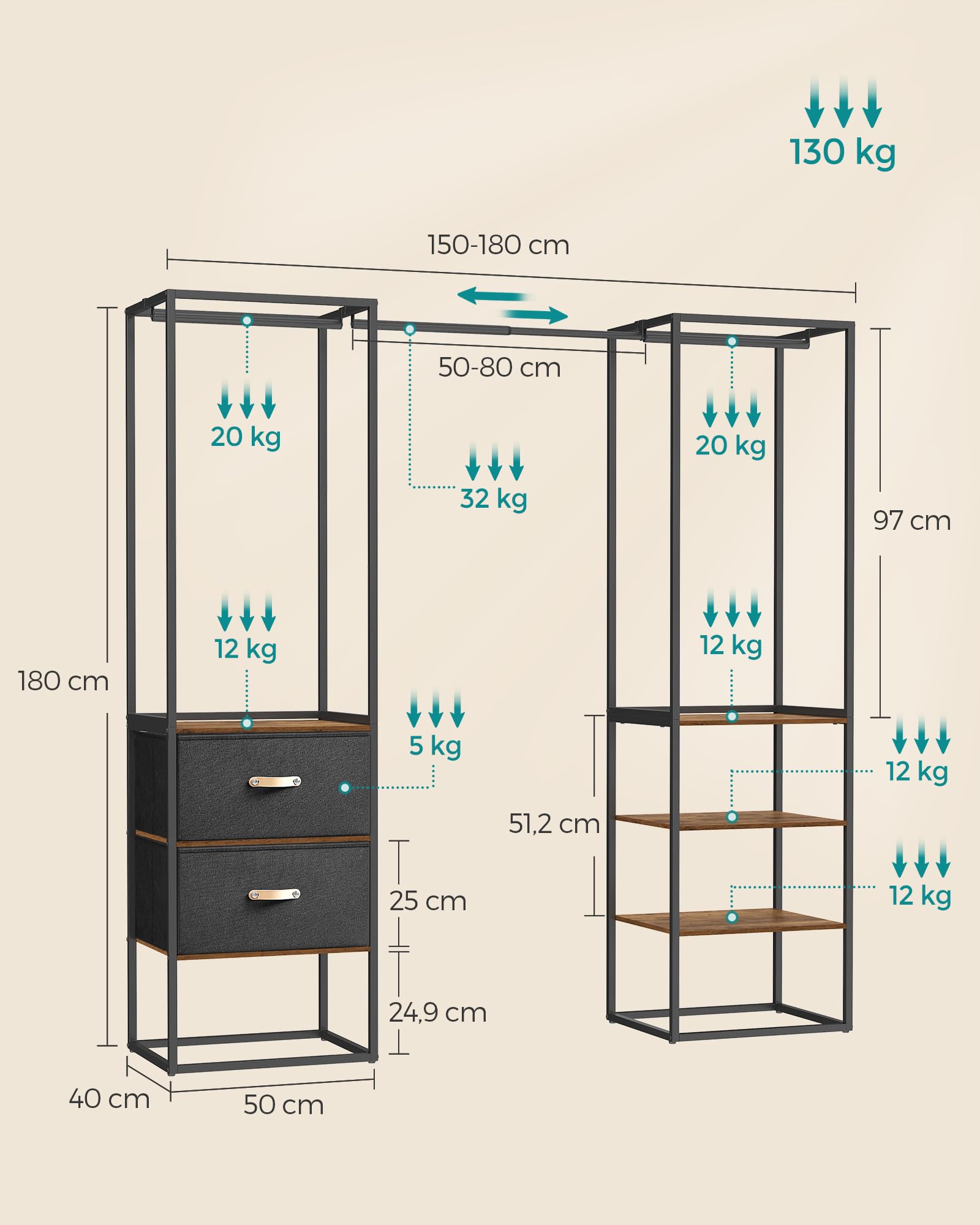 SONGMICS Kleiderständer, offener Kleiderschrank, Garderobenständer hochbelastbar, 1 ausziehbare Stange, 2 Schubladen, 4 Ablagen, für Schlafzimmer, platzsparend, vintagebraun RGR003B01