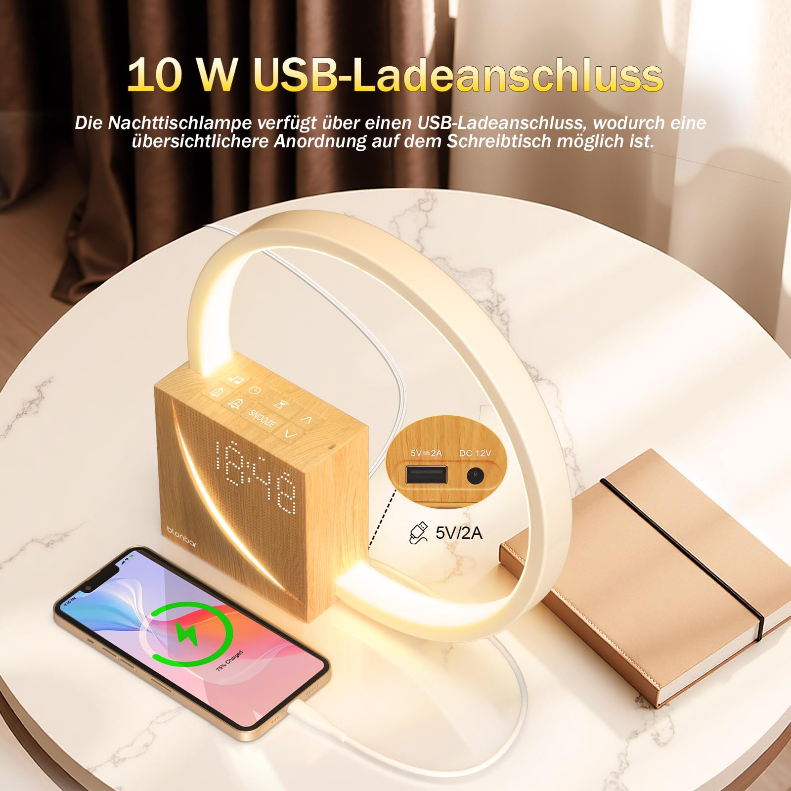 Blonbar 4 in 1 Lichtwecker Nachttischlampe mit Tageslichtfunktion Touch-Steuerung Dimmbar USB-Ladefunktion