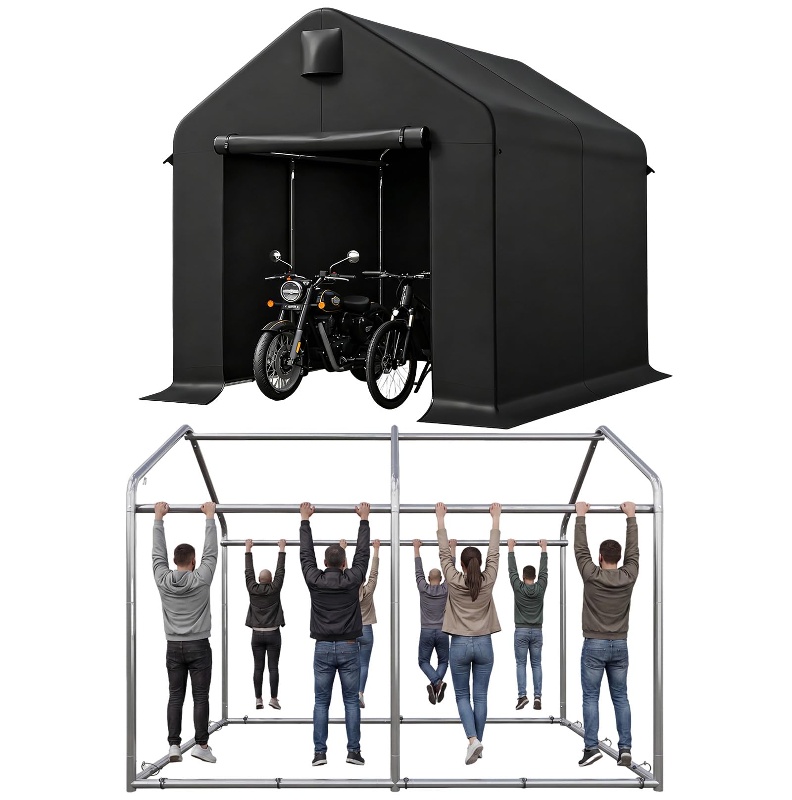 Aoxun 2.3x1.9M Heavy Duty Outdoor Storage Shed, Portable Waterproof Bike Shed Shelter and Garden Storage Tent, Roll-up Door Carport for Motorcycle and Lawn Tools, Black