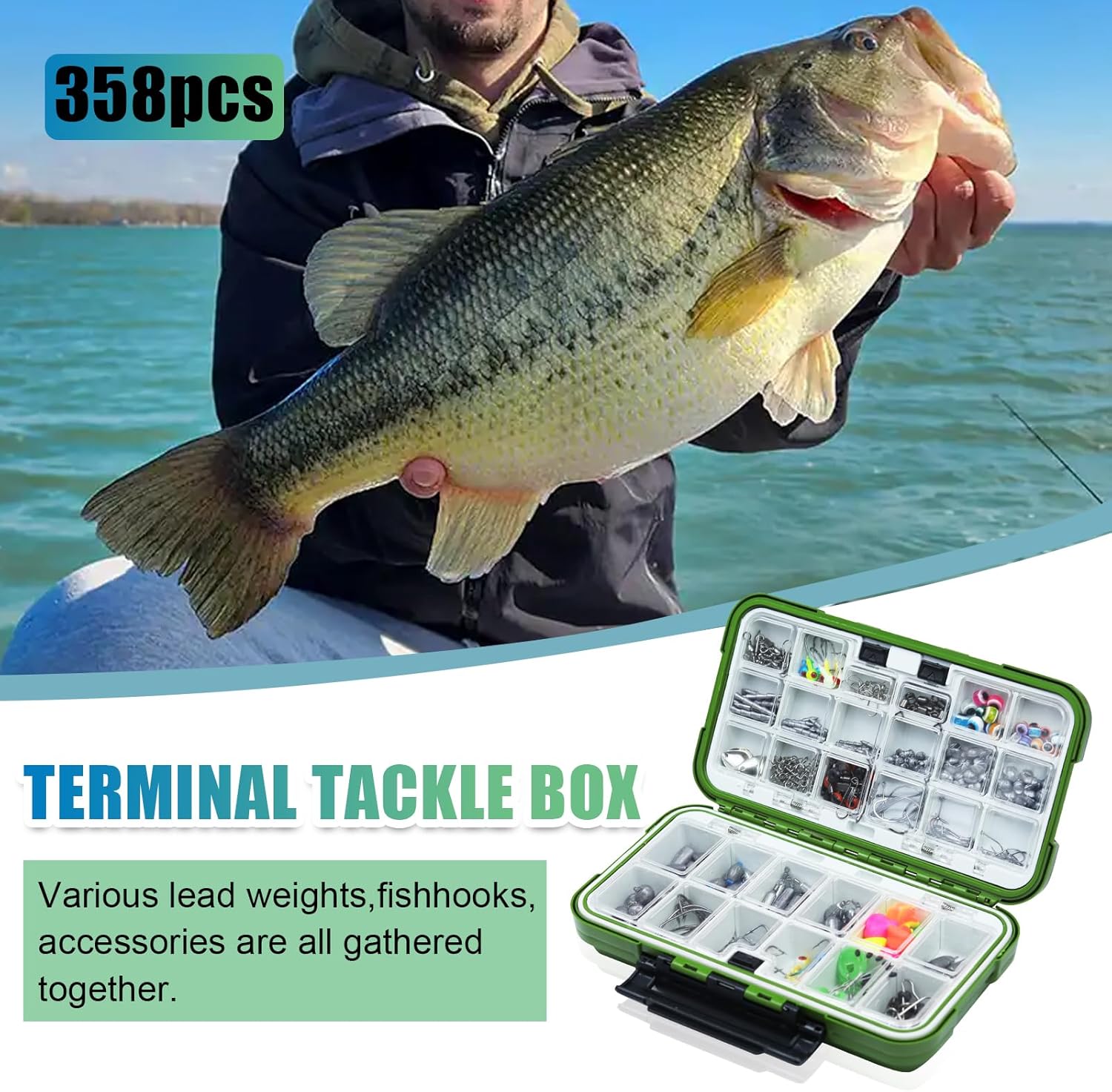 Fishing Backpack with Tackle Box - 358 Pcs Complete Fishing Tool Kit and Accessories Bundle for Anglers (Includes Bait, Hooks, Sinkers, Pliers, Lip Gripper & More)
