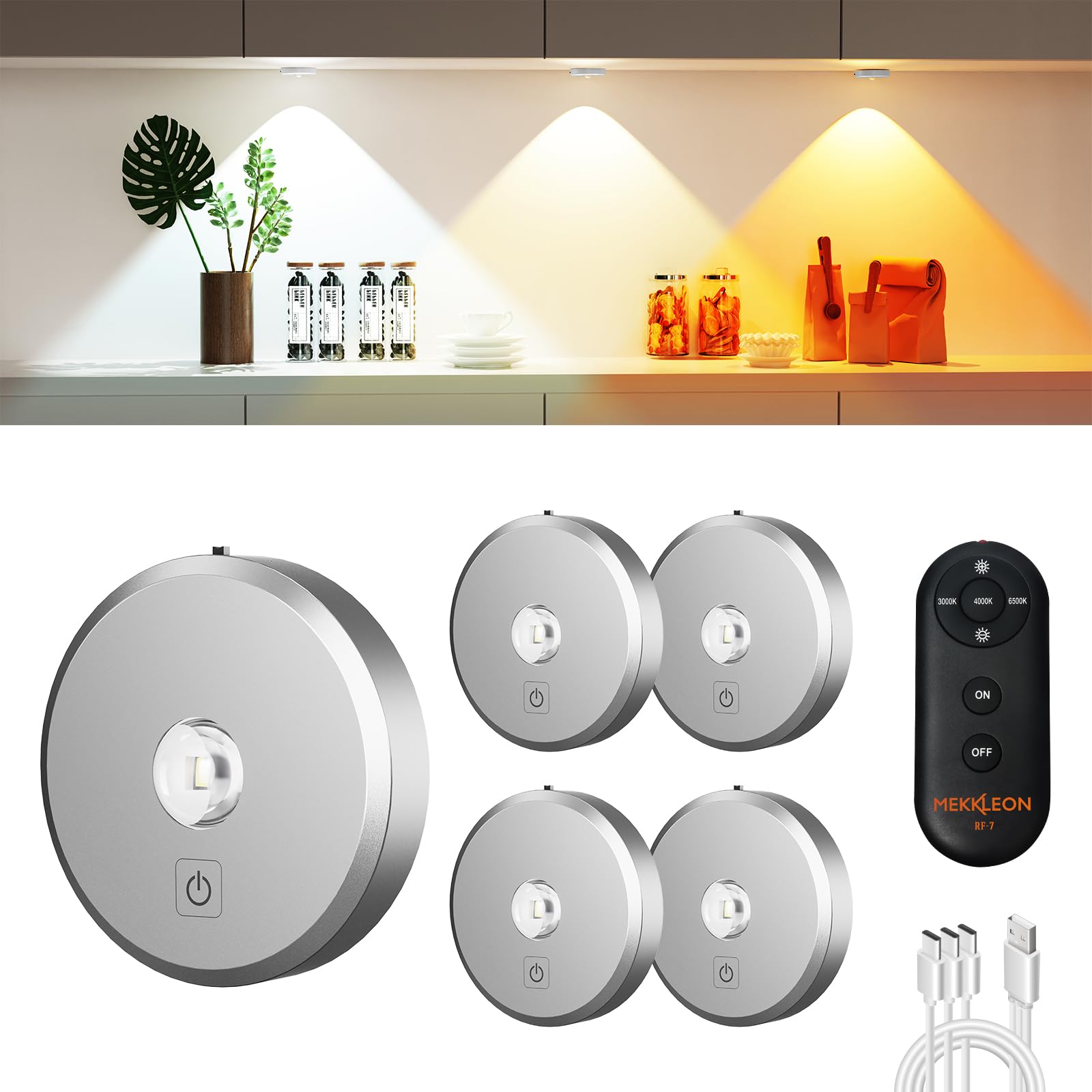 MEKKLEON Display Case Lighting LED Wireless with Remote Control, 2000 mAh Rechargeable LED Spotlights Battery, 3 Colour Temperatures Dimmable, Under Cabinet Light, Cabinet Light, Kitchen Cabinet