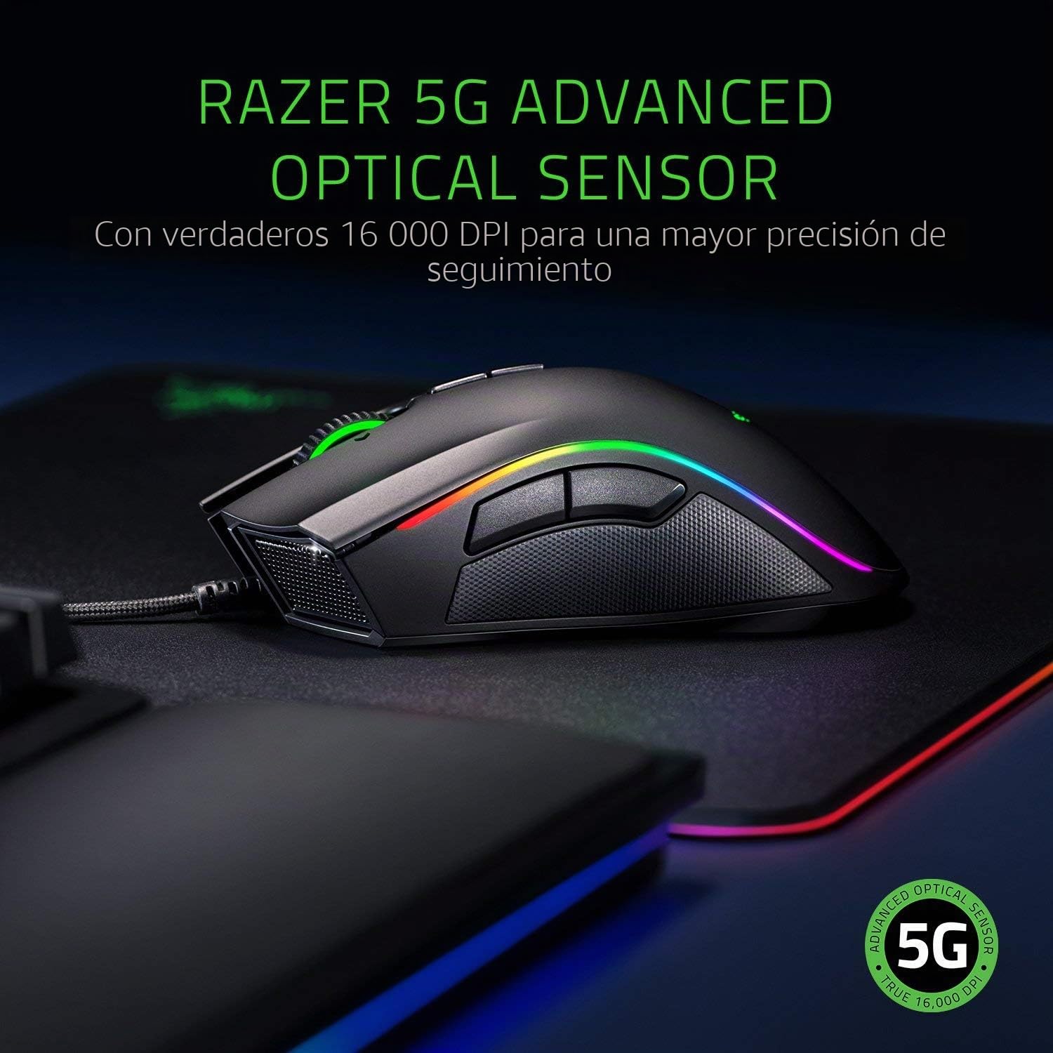 Razer Mamba Elite- Ratón para juegos , Ratón Gaming con 9 botones mecánicos programables, sensor óptico con 16.000 ppp e iluminación Chroma RGB, Negro