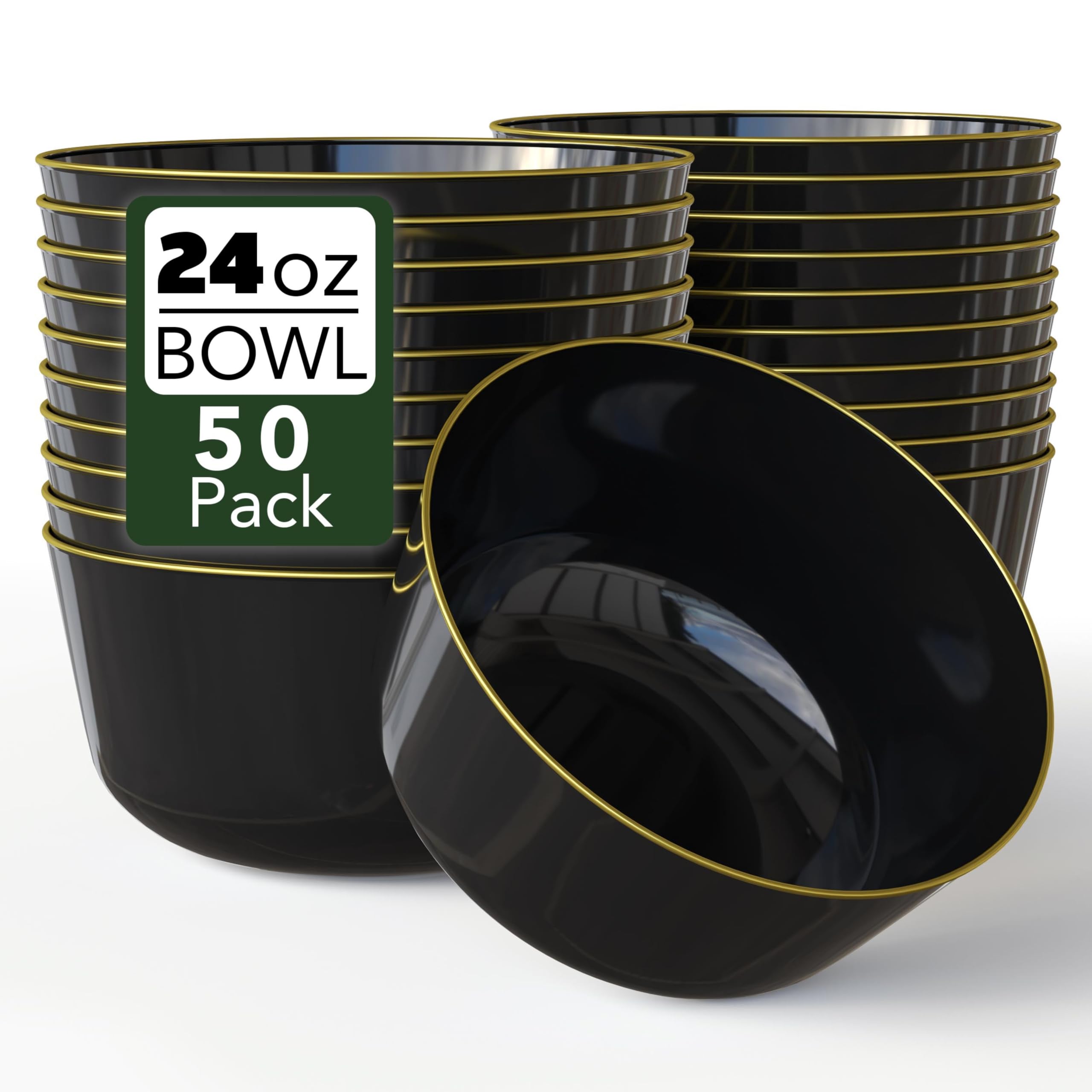 Trendables Plastic Bowls Disposable Bowls 24 Oz Bowl Set Of 50 Black Gold Rimmed Fancy Plastic Serving Dishes Perfect for Parties and Events