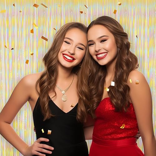 Miniatura 6 de Paquete de 3 cortinas de fondo de flecos de aluminio, cortinas de oropel de 3.3 x 8.2 pies, diseño de arco iris pastel, cortinas de telón de fondo