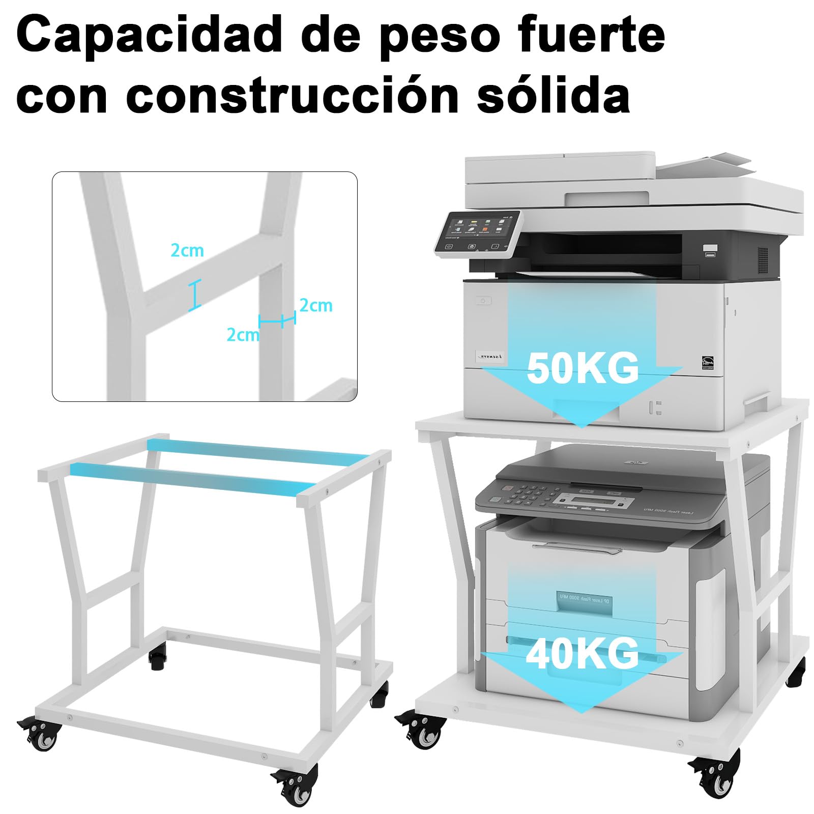 PUNCIA Soporte para Impresora con Ruedas 50 x 50 cm Mesa para Impresora de 2 Niveles Móvil de Madera y Metal Carro para Organización con Estantes de Almacenamiento para Oficina Hogar Escuela Blanco