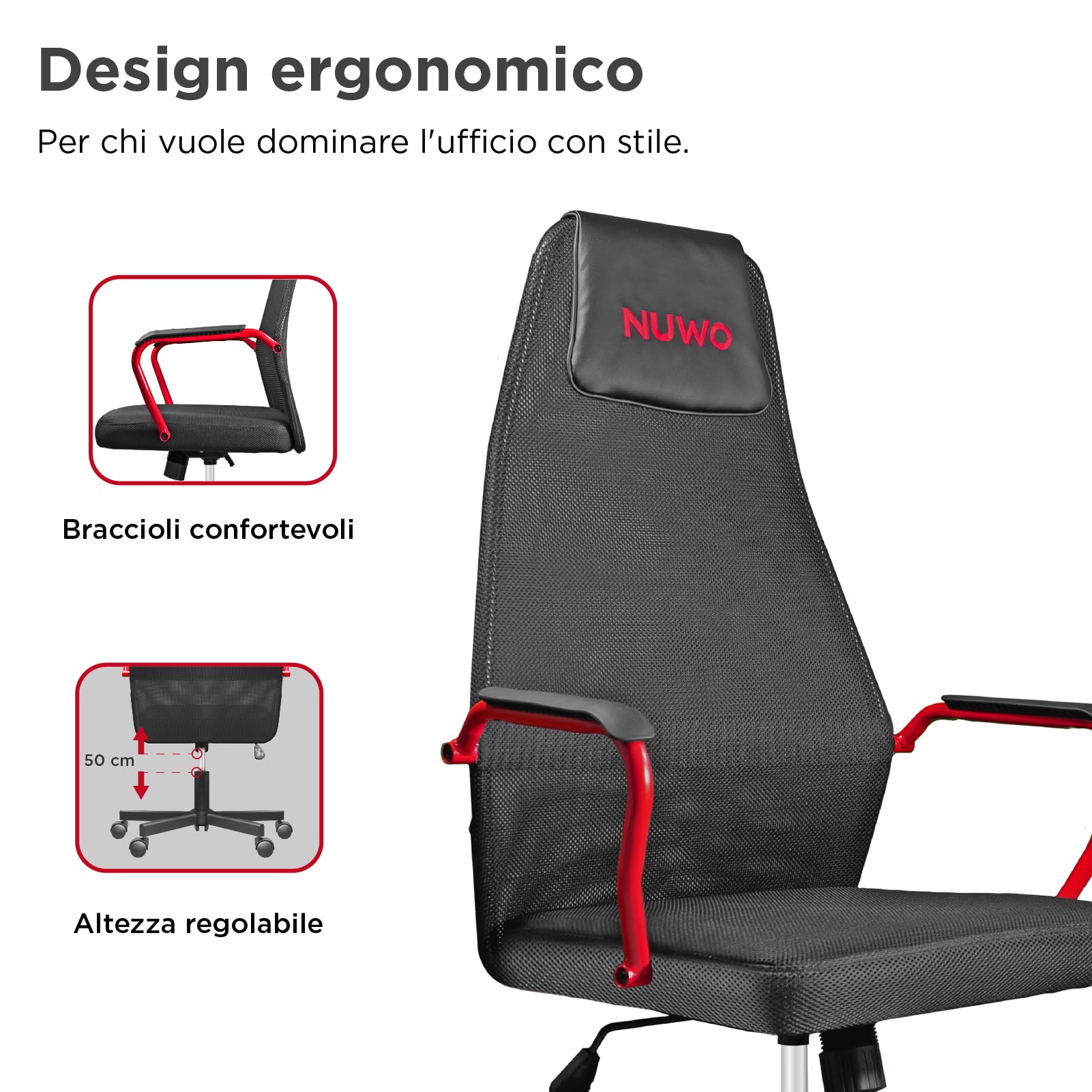 Nuwo Grid Sedia da Gaming, Girevole, Regolabile in Altezza, Sedia da Scrivania e Ufficio Ergonomica, Seduta e Schienale Traspirante, Portata 110 Kg, Rosso