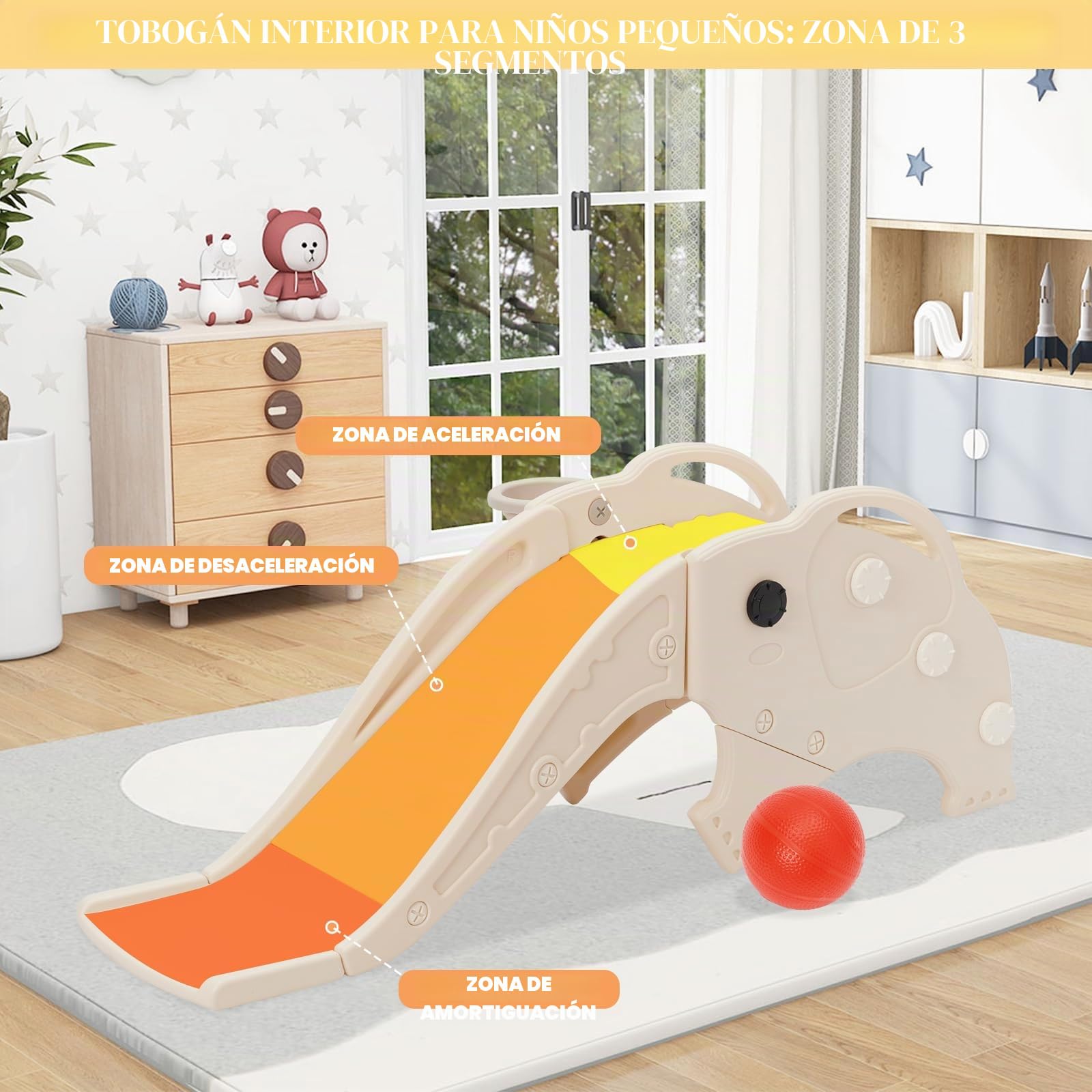 3 en 1 Tobogán para Niños, con aro de Baloncesto, Baloncesto, Tobogán Infantil con Peldaños Antideslizantes, Interior y Exterior Tobogán