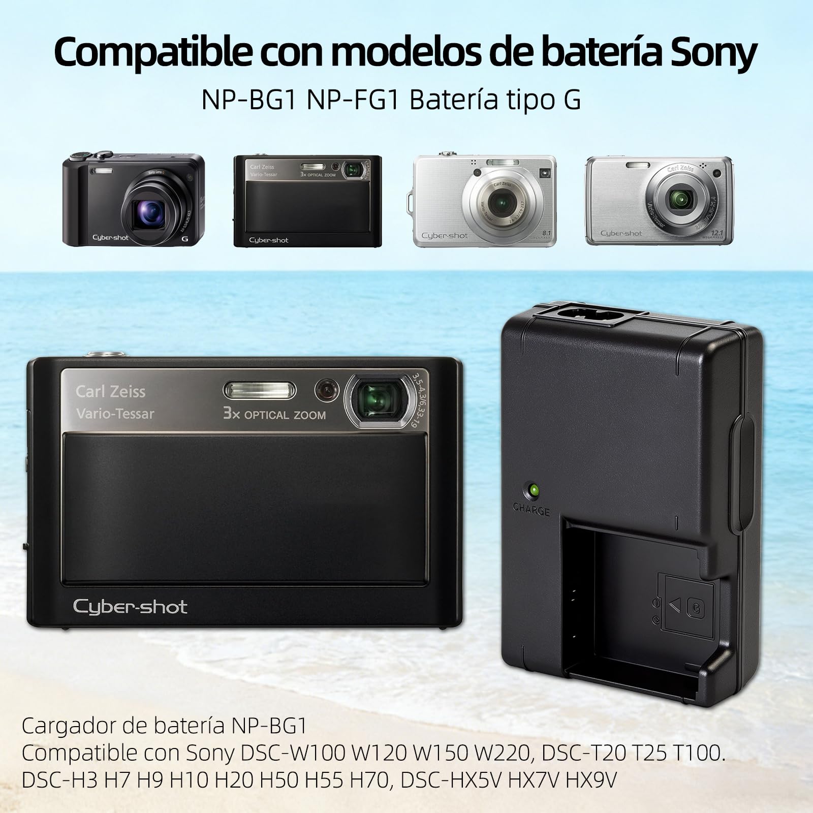 NP-BG1 NP-FG1 Cargador Compatible con Sony DSC-W100 W120 W150 W220 W80, DSC-T20 T25 T100, DSC-H3 H7 H9 H10 H20 DSC-H50 H55 H70, DSC-HX9V HX5V HX7V
