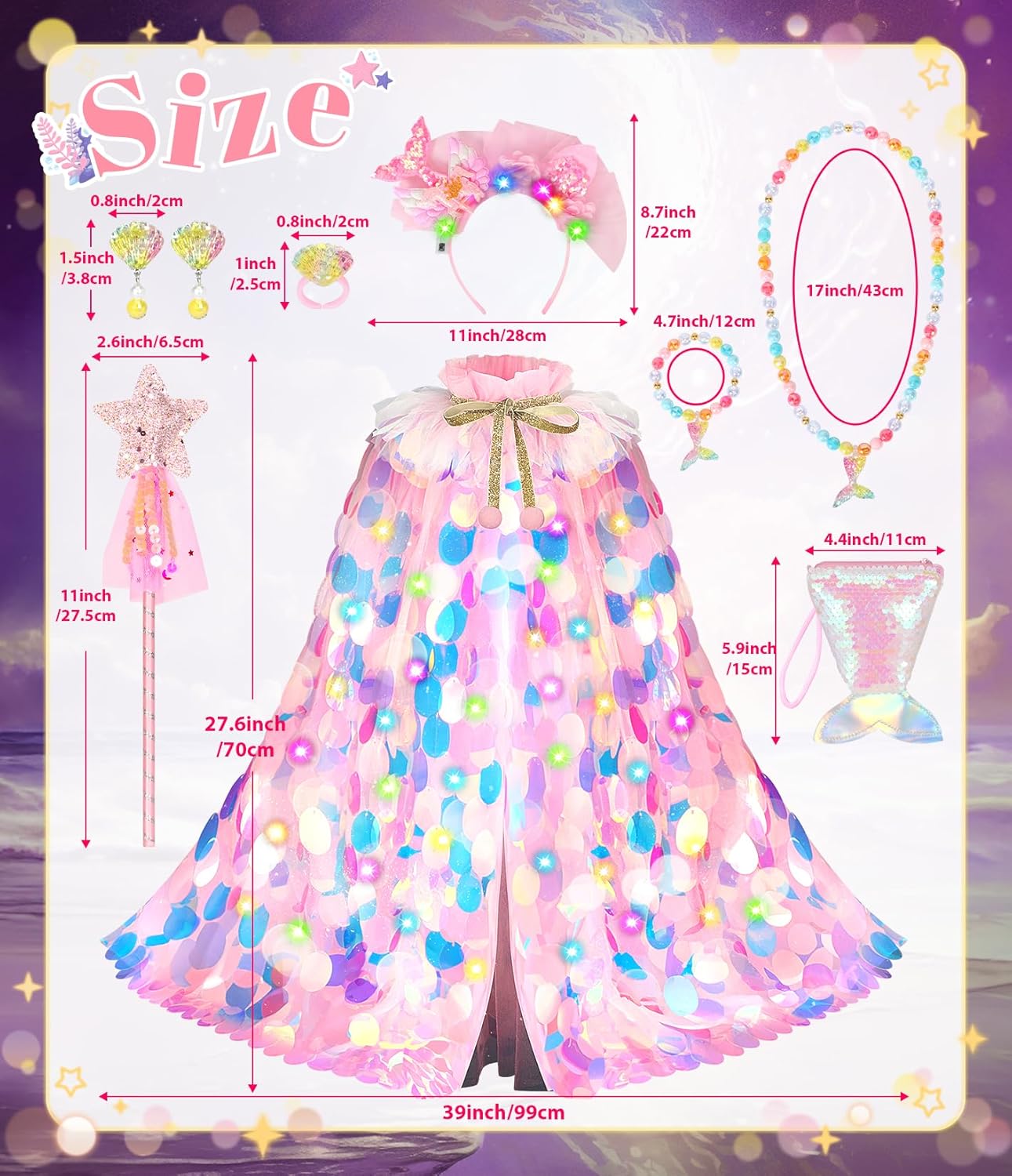 Princess Dress Up Toys Princess Dress Up Clothes Rainbow Mermaid Cape Kit 9 Pcs Gift Set for Little Girls 3-8 Years - Image 6