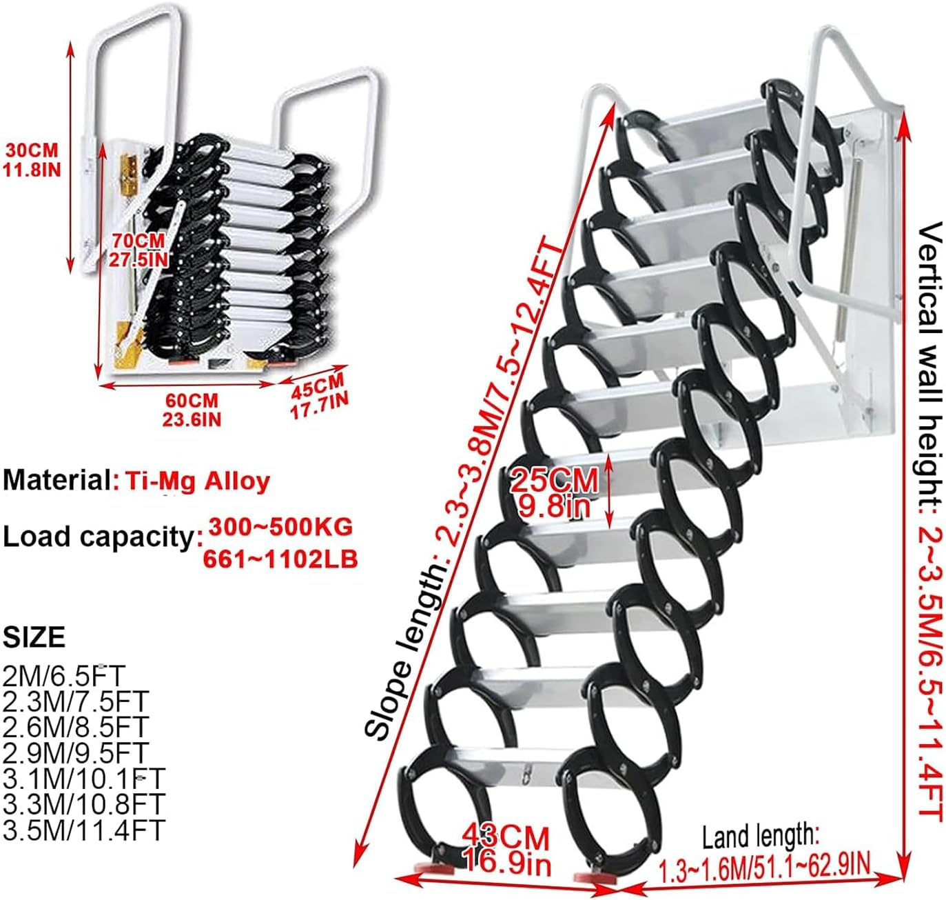 Loft Ladder House Folding Ladder Wall Mounted Extension Ladder Load 500kg/1102lb Pull Down Attic Ladder Indoor Outdoor Attic Stairs Anti-Slip