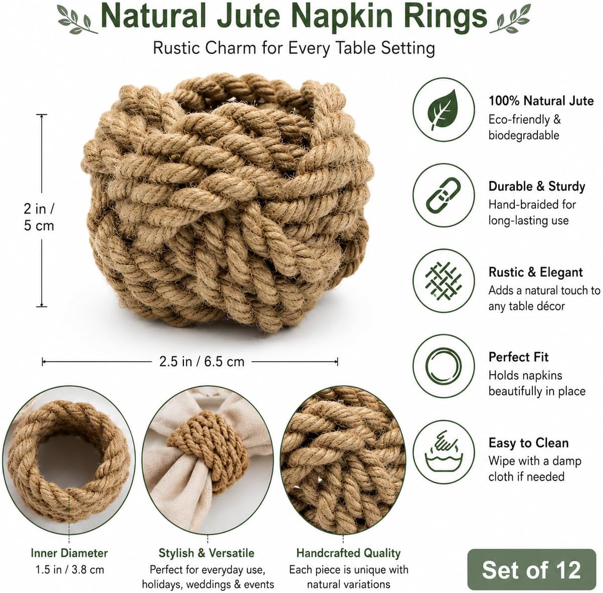 Handmade Jute Napkin Rings Set of 12 – Rustic Farmhouse Table Decor, Boho Woven Napkin Holders for Weddings, Parties & Dining Tables