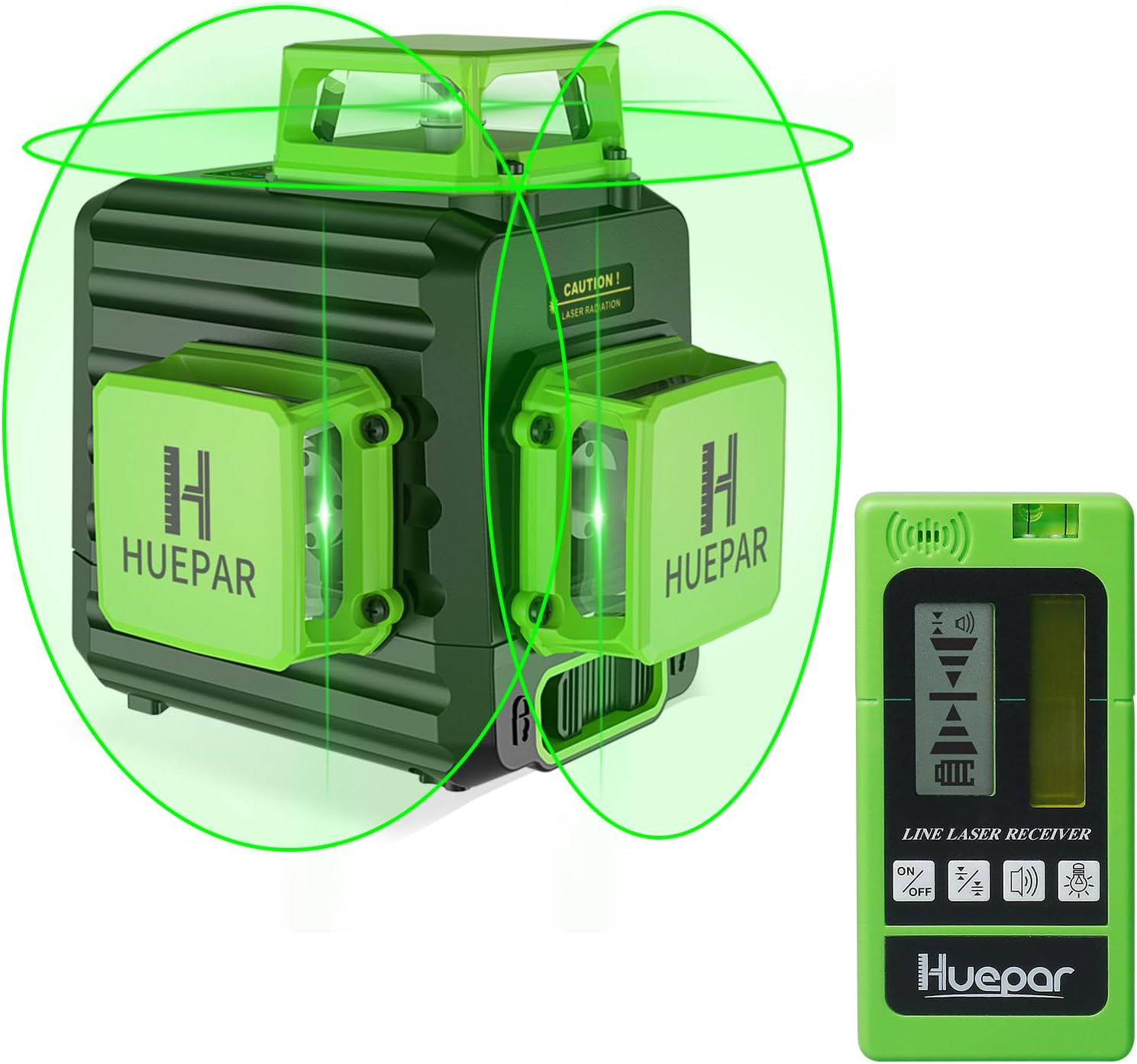 Huepar 3 x 360 Laser Level with LR-5RG Laser Receiver- 3D Cross Line Self-leveling Laser Level Three-Plane Leveling and Alignment Laser Tool, Laser Detector for Use with Pulsing Line Lasers-B03CG