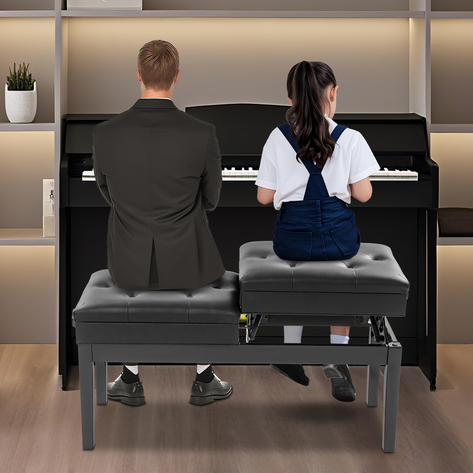 Doppelsitzer Pianobank,108x39x48cm Klavierbank,Klavierhocker Höhenverstellbar 2 Personen,200KG Belastbar,Klavierstuhl mit Stauraum für Zu Hause,Schulen,Konzerten(Schwarz)