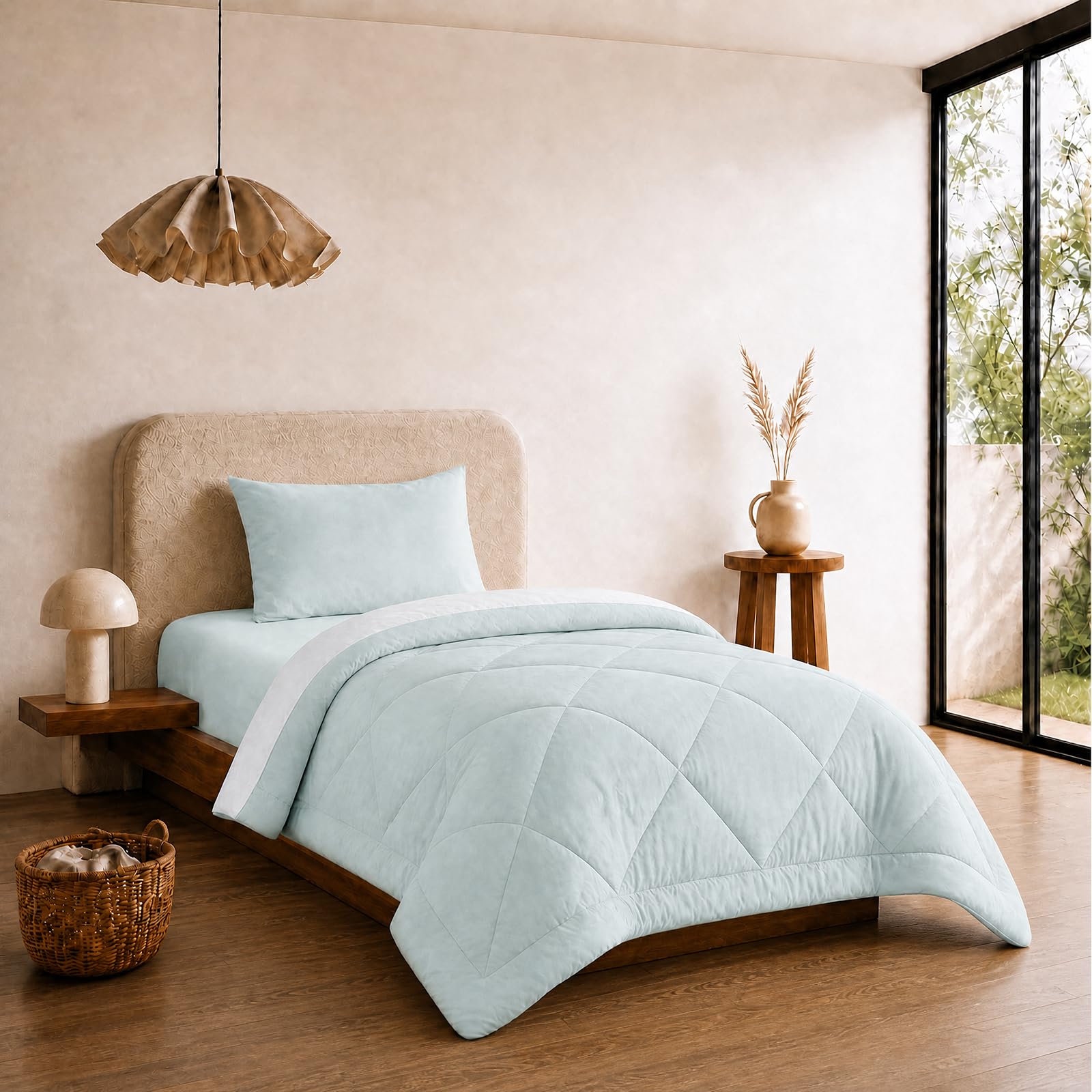 VelvetMis Coverless Duvet Single 10.5 Tog - 135x 200cm, Sage Green And Light Grey Quilt, Reversible Comforter with Pillowcase