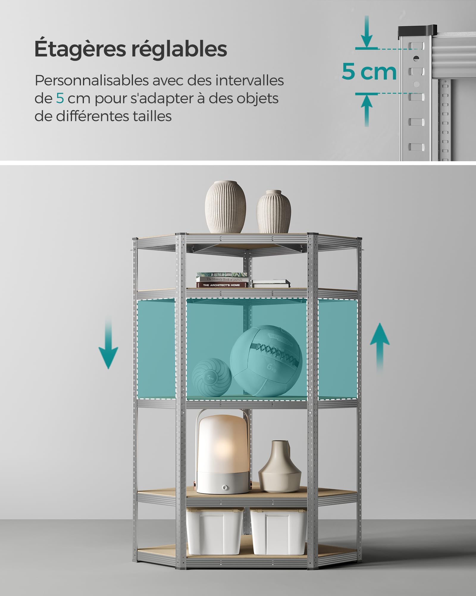SONGMICS Étagères d’Angle à 5 Niveaux, Étagères de Rangement en Acier, Charge Lourde, Garage, Entrepôt, Capacité de Charge 875 kg, Argent et Beige Naturel GLR080E01