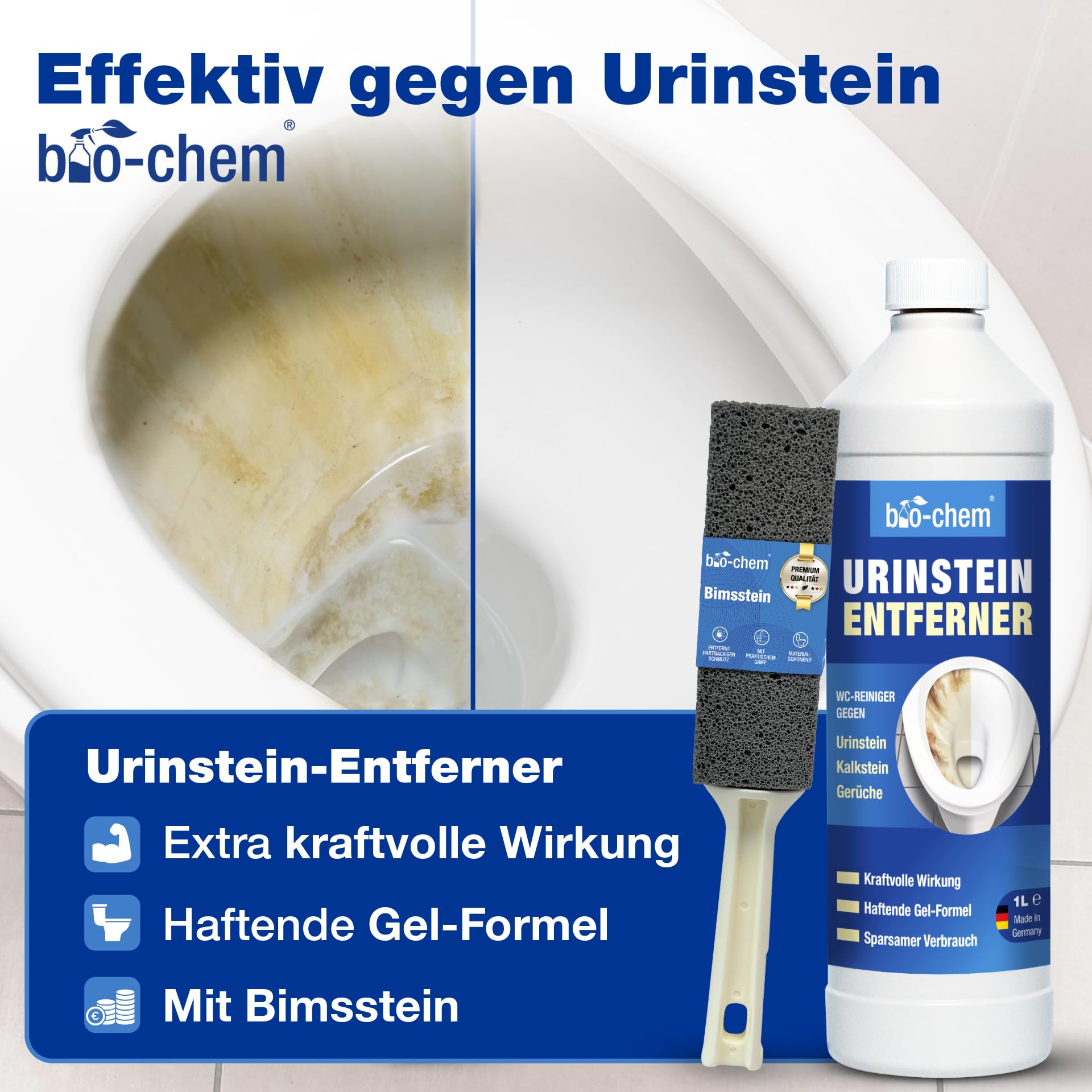 bio-chem Badreiniger Set 6-teilig für Bad, Dusche & WC | Mit Haar-Weg, Urinsteinentferner, Sanitärreiniger, Bimsstein und Tüchern | Abflussreiniger, Kalksteinreiniger, Badreiniger