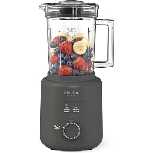 Martha Stewart Countertop Blender, 50oz Jar, 6 Stainless Steel Blades 3 Speeds & 5 Presets, Auto Clean, Smoothies, Crush Ice, Shakes, Chop, Margarita, Measurement Markings, 700W, Caviar Gray