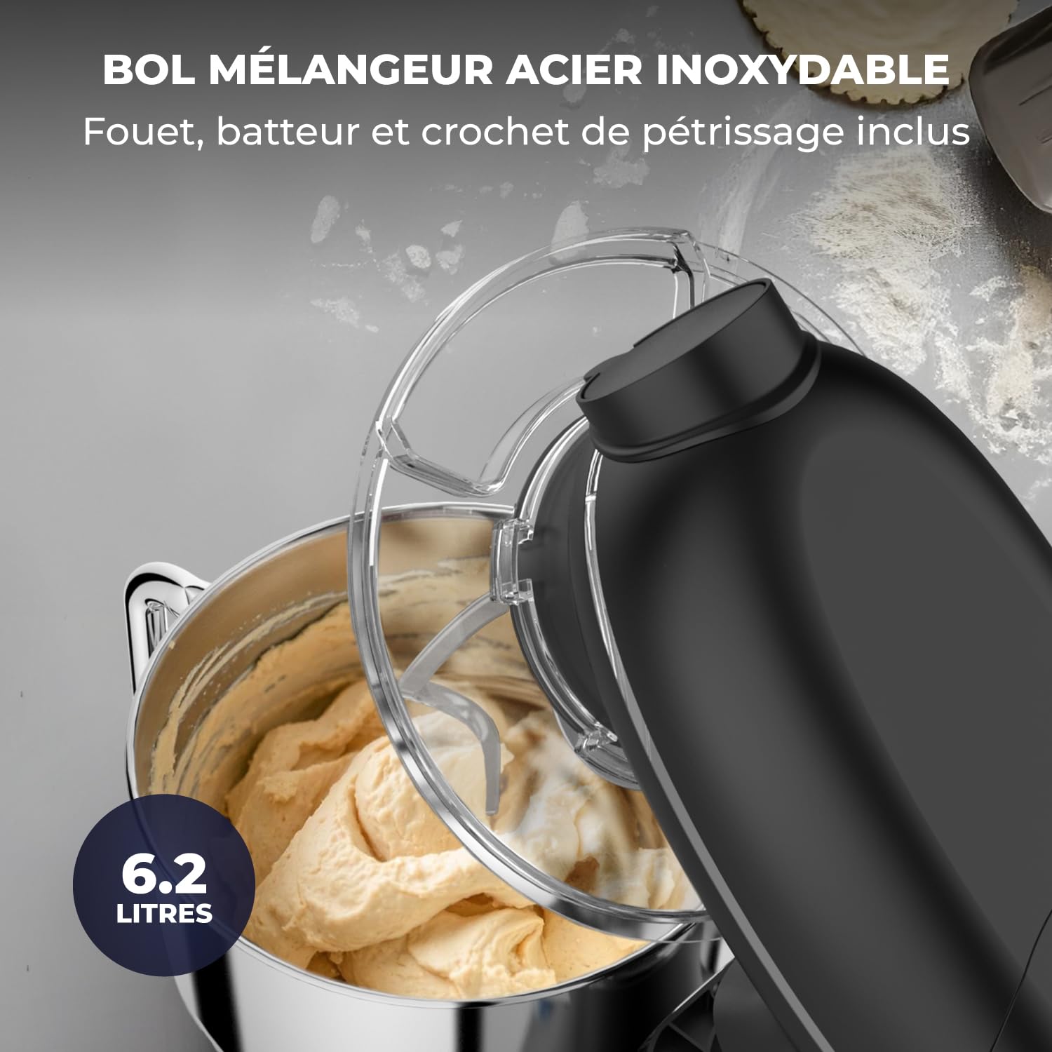 6 en 1 Robot Pâtissier – 2000W - Av. Hachoir à Viande, Mixeur 1,5L, Cutter, Accessoires – Robot Cuisine Multifonctions Av. 6,2L Bol Mélangeur, Fouet, Crochet Pétrisseur, Batteur (Noir)