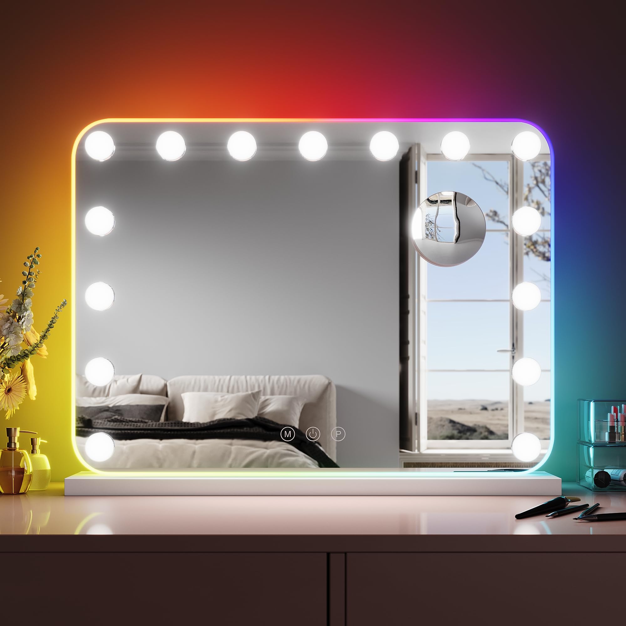 SIRHONA Miroir Hollywood Éclairage RVB 3 Températures Dimmable 15 LED 10X Grossissant 58x45cm