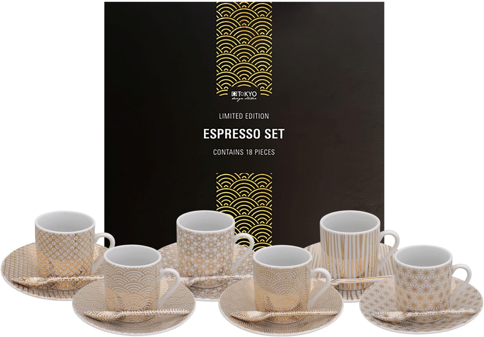 Tokyo Design Studio Nippon Limited Edition Gold Expresso Set in Decorative Gift Box Porcelain Crockery 18 Pieces for 6 People