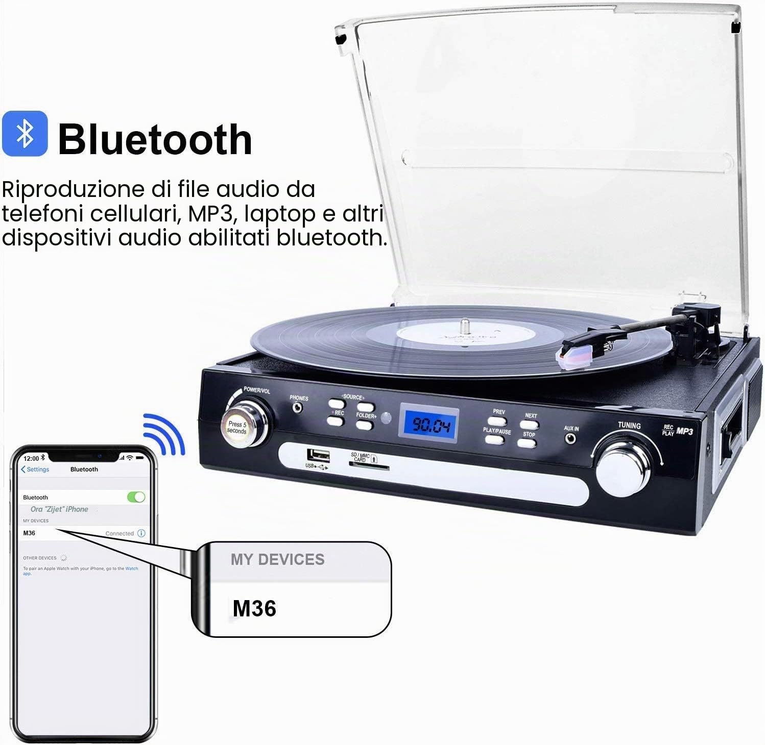 Altoparlante Stereo Bluetooth con Spina per Dischi in Vinile Digitnow, Radio a Tre Vie AM/FM, USB MP3