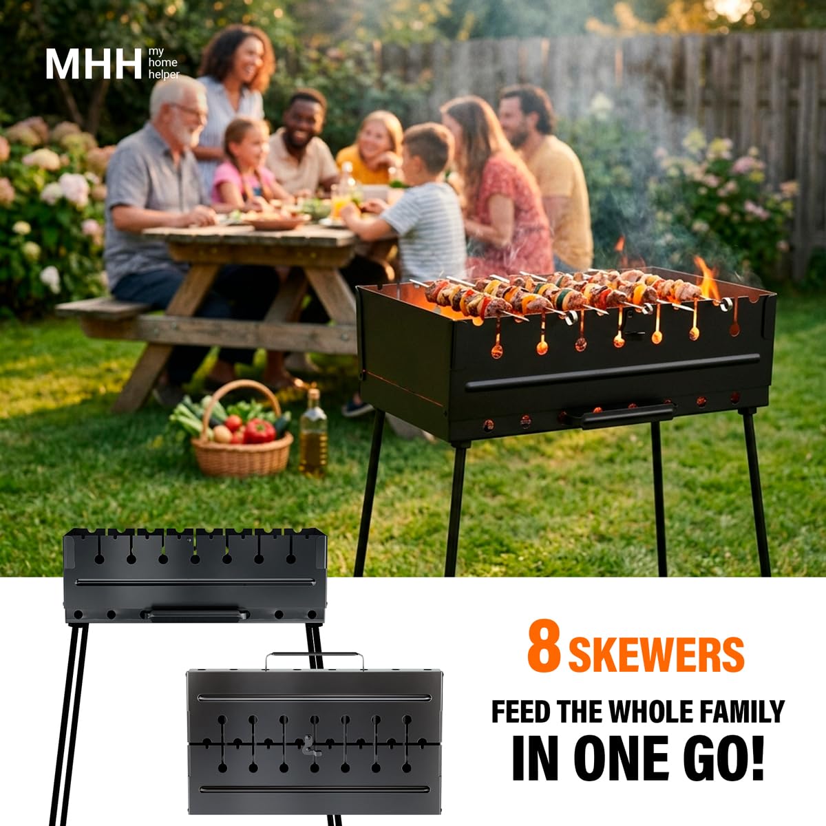 Charcoal Grill for 8 Skewers - Portable Barbecue 16.9