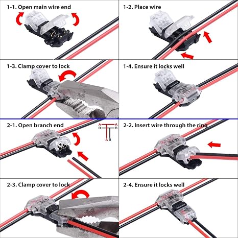 2 Pin T Connector for 22/20/18 AWG Wiring,Max DC/AC 300V 10A,IDC Self Stripping,T Tap Wire Splicer to Connect Branches to Main Wire,Car,LED Lighting,Video/Audio,and More,Clear Cover,10 PCS