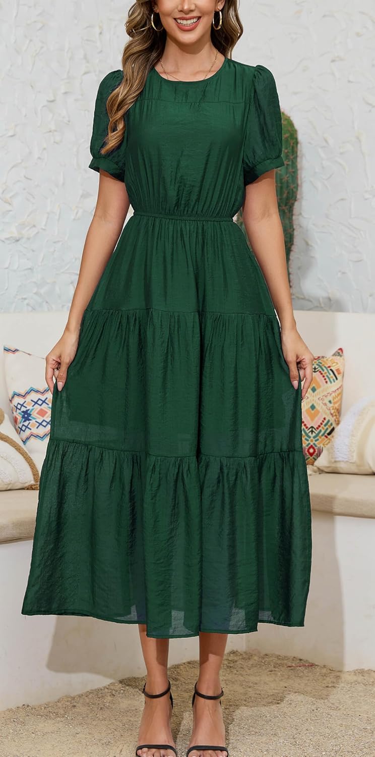 Kormei Women's Summer Casual Short Sleeve Round Neck Eastic Waist Tiered Boho Plain Beach Flowy Maxi Dress - Image 2