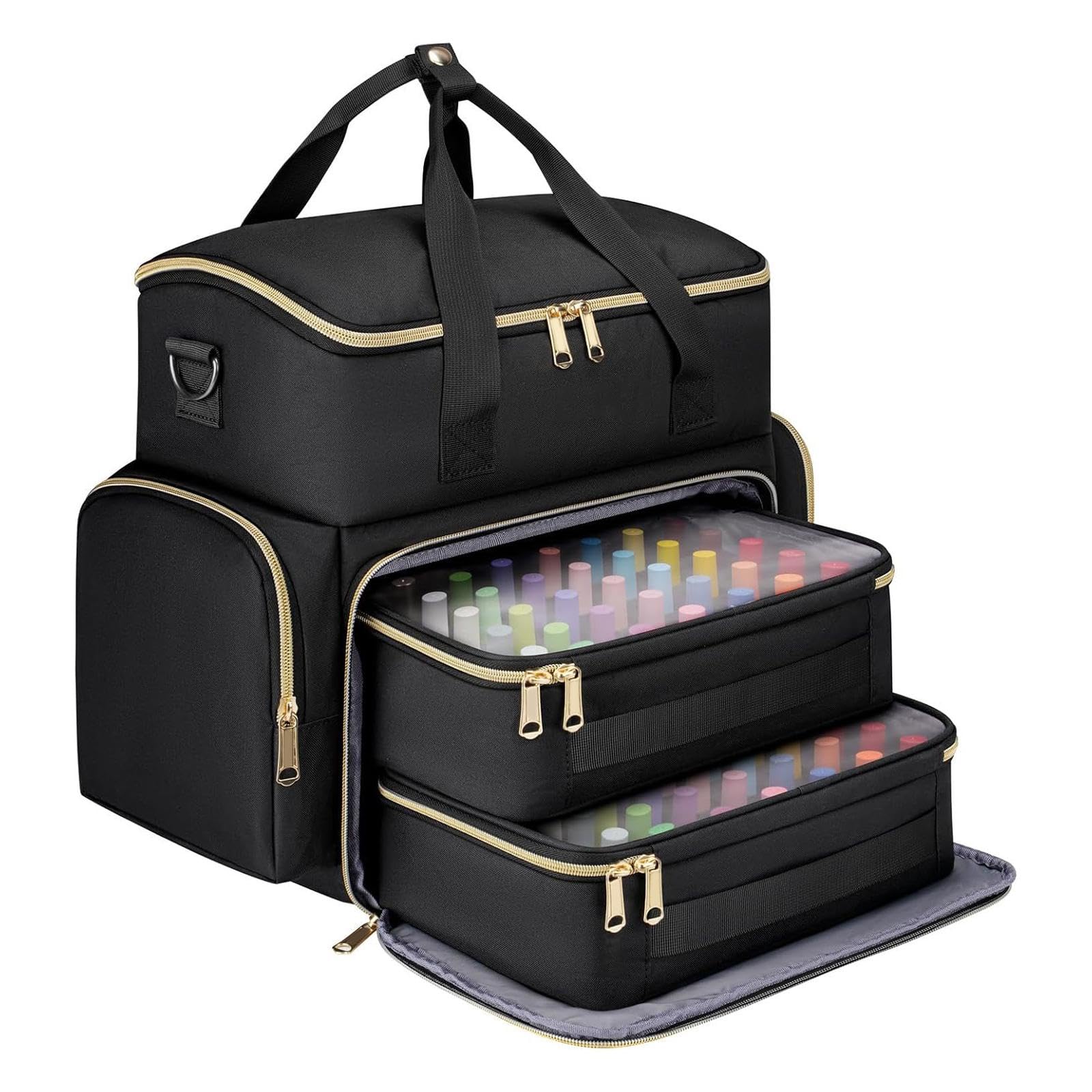 Nagellack Organizer Tragbare Nagellack Aufbewahrungsbox Maniküre Werkzeuge Koffer mit Transparentem Fenster Und Elastischen Halterungen Aus Oxford, Schwarz