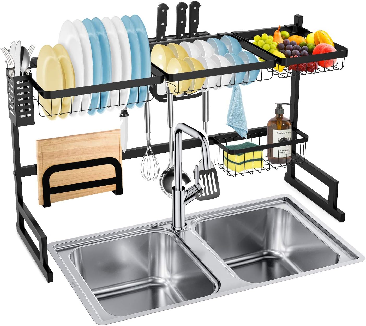 SOLEDI Dish Drying Rack Over The Sink, 2 Tier Large Stainless(Suit Max 32“ Sink) Dishes Drying Rack Countertop & Wall Organization Space Saver with Utensils Holders for Kitchen Storage Organizer