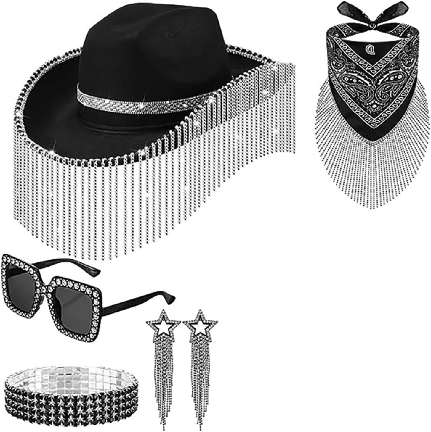 Cowboy hat,Vintage Country Western Rhinestones Tassels 5Pcs Set for Party Photo Props Headwaer Gifts Black