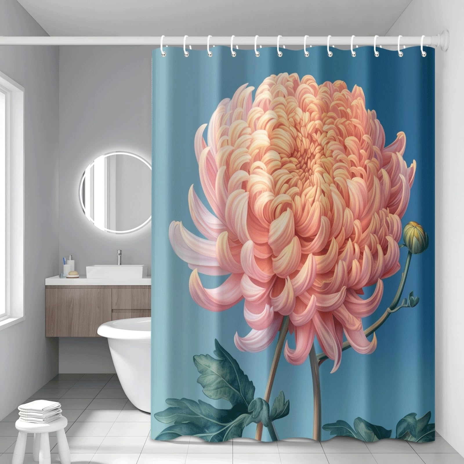 Shower Curtain Blue Flower Mould Resistant Shower Curtains for Bathroom Washable Polyester Bathroom Curtains Decor Wet Room Quick Dry Anti Mould Bath Curtain with 12 Hooks 120x180cm