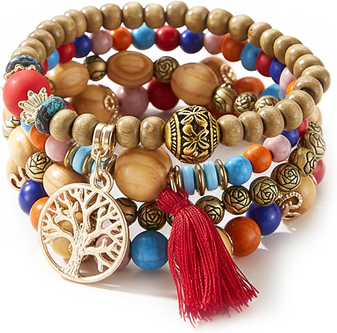 4-Pack Multi-Layer Boho Wooden Beaded Bracelets with Tassels, Elastic Stackable Festival Bracelets, Tree of Life Charm Bohemian Jewellery for Women (Multicolor)​