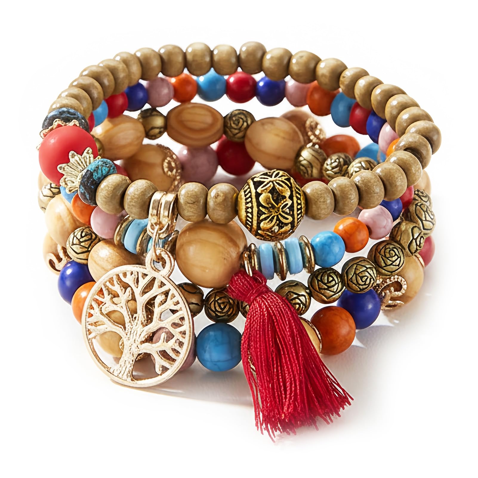 4-Pack Multi-Layer Boho Wooden Beaded Bracelets with Tassels, Elastic Stackable Festival Bracelets, Tree of Life Charm Bohemian Jewellery for Women (Multicolor)​