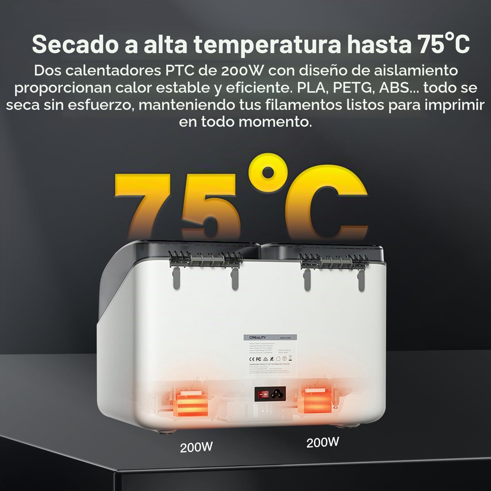 Caja Secadora de filamento Creality para 4 bobinas, Caja de Almacenamiento de filamento Space Pi X4L, PTC de 200 W Que calienta hasta 75 °C,para PLA, PETG, TPU, ABS