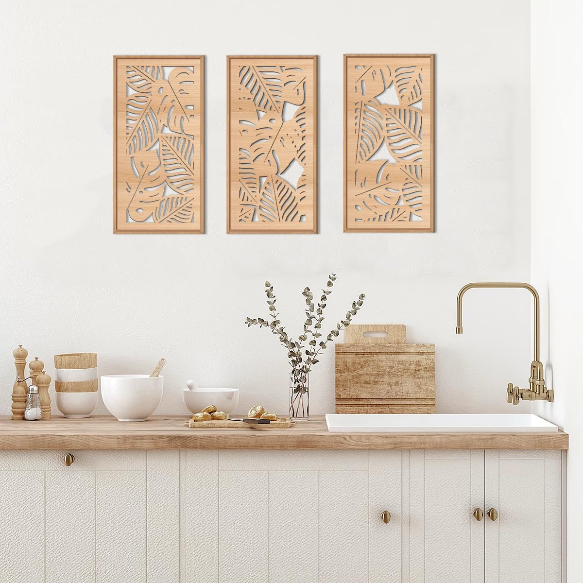 IARTTOP Tropical leaf Wood Wall Decor Framed Palm Monstera Leaves Wooden Wall Art Coastal Hawaii Art decor 7.87x15.75 Inch Set of 3 for Living room Bedroom Office