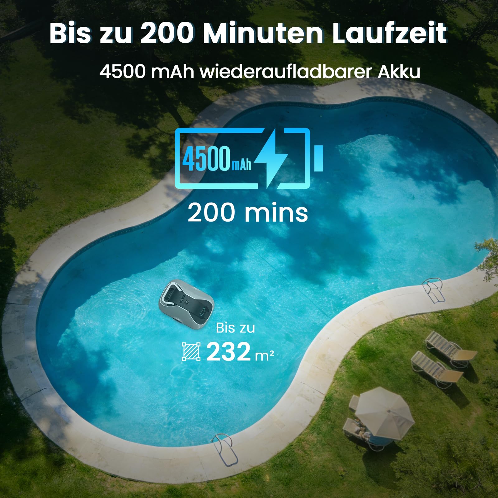 Poolroboter Akku, kabelloser Pool-Saugroboter, 200Min Laufzeit, Intelligente Navigation, Selbsteinparkfunktion und ultrafeine Filterung, kompakt und tragbar Poolreiniger ohne Kabel für Pools 232m²