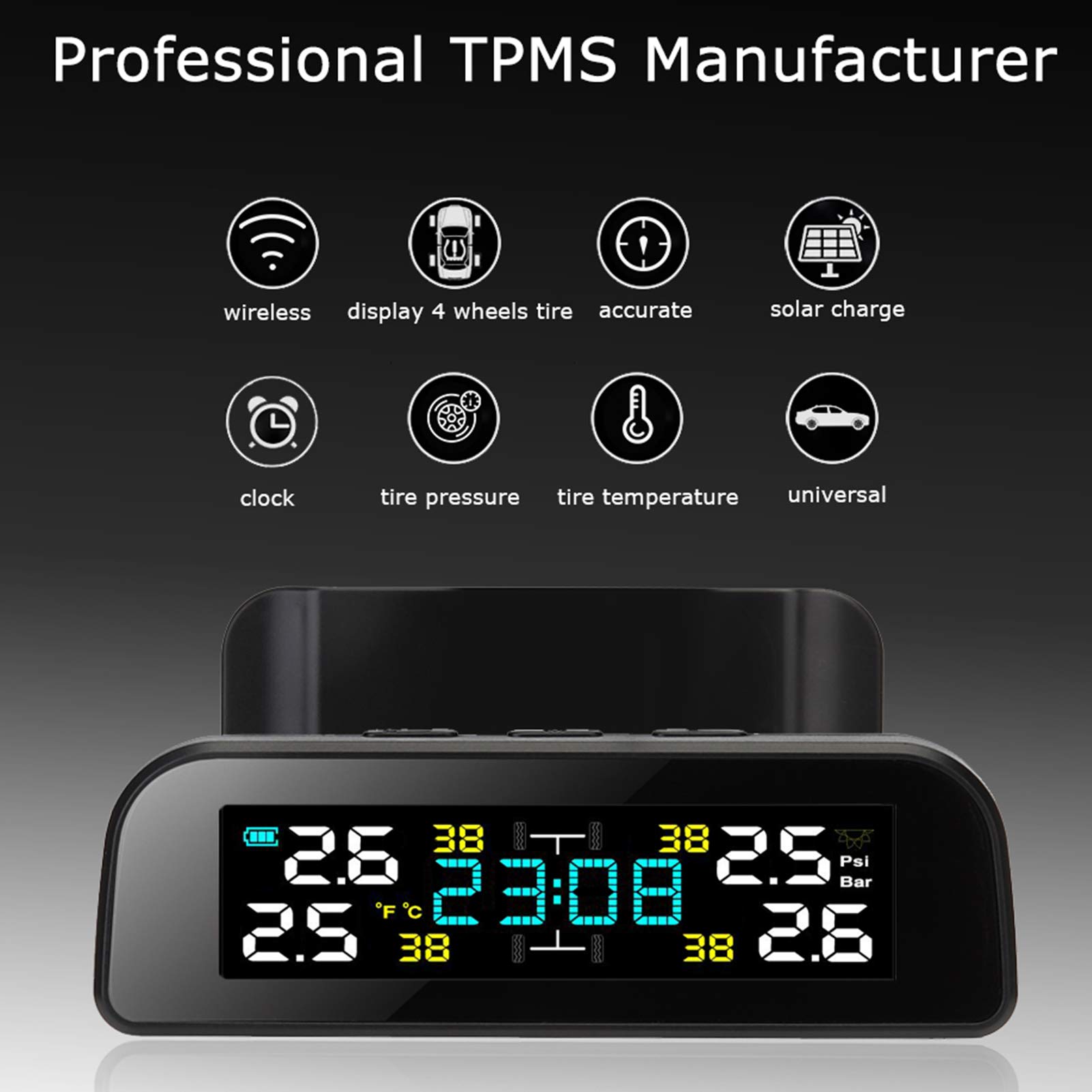Sistemas de monitoreo de presión de neumáticos Pantalla LCD de Carga Solar TPMS para automóvil con Reloj con Sensor Externo diseñado