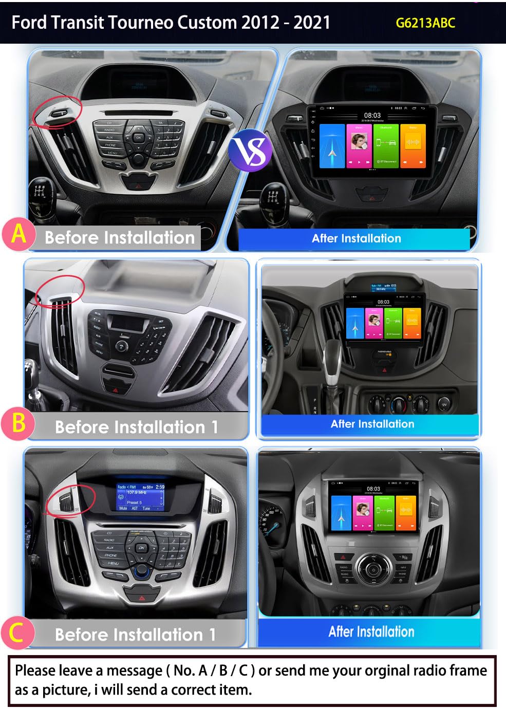 9" radio samochodowe z Carplay i Android Auto + kamera cofania do Ford Transit Tourneo Custom 2012-2021, obsługuje sterowanie kierownicą, Mirror Link, Bluetooth, sterowanie głosem, nawigację GPS