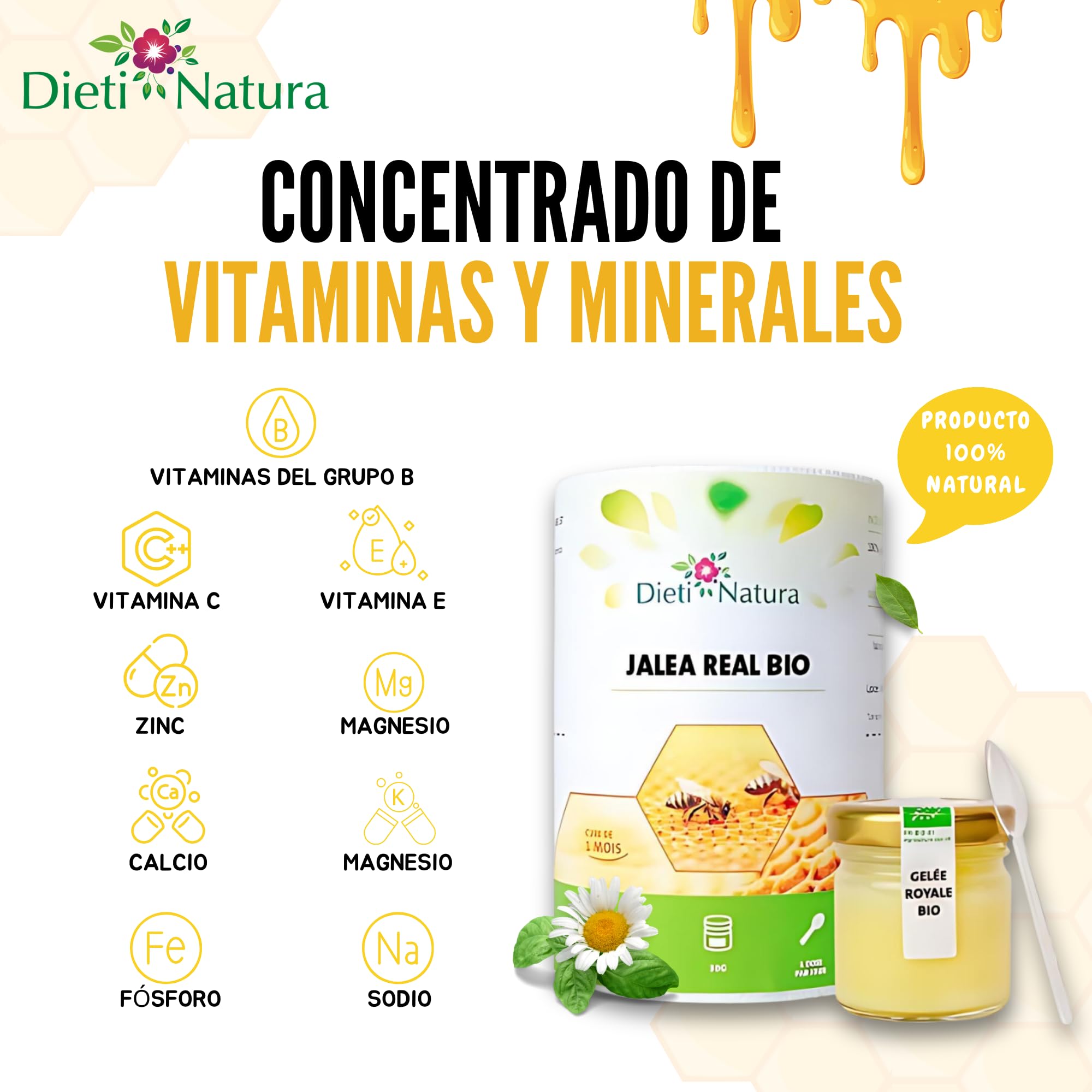 Dieti Natura Tarro de Jalea Real Fresca BIO (30g) (Pack de 6) - Jalea Real Pura con Elementos Esenciales: Vitaminas, Oligoelementos y Minerales para Energía Natural y Defensa Inmunológica