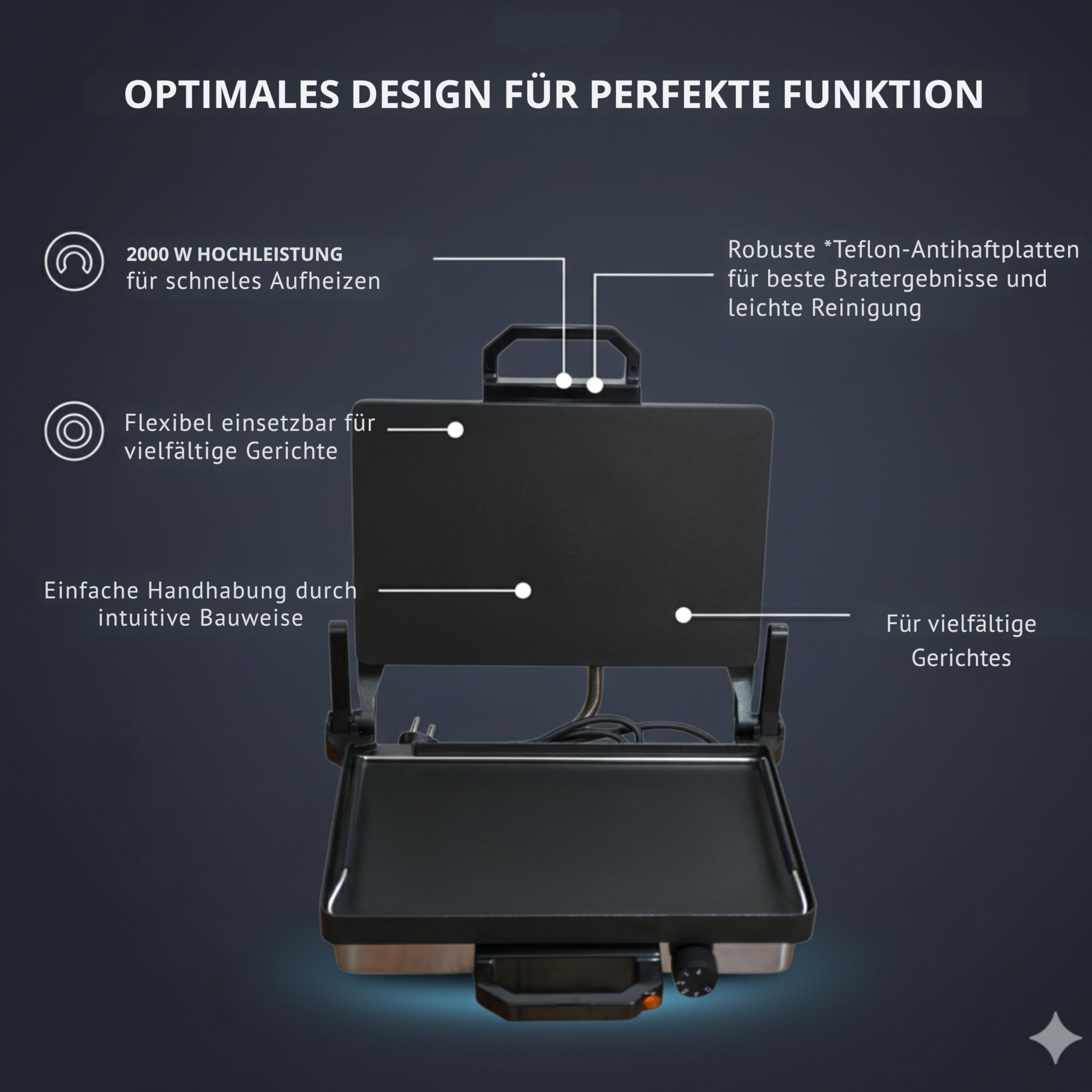 Multigrill, 2000W Elektro-Kontaktgrill, Schwarz, 340x220mm Grillplatten, 5-Stufen Temperaturregelung, für Lahmacun, Fleisch, Toast und Gemüse (1, Teflon)