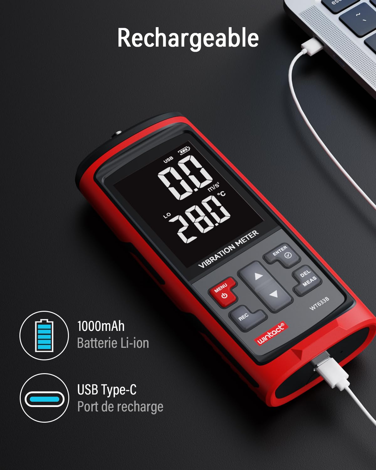 Vibromètre Wintact, analyse des mesures des vibrations mécaniques, accélération, vitesse, déplacement, température pour moteurs, générateurs, pompes, compresseurs (WT633B)